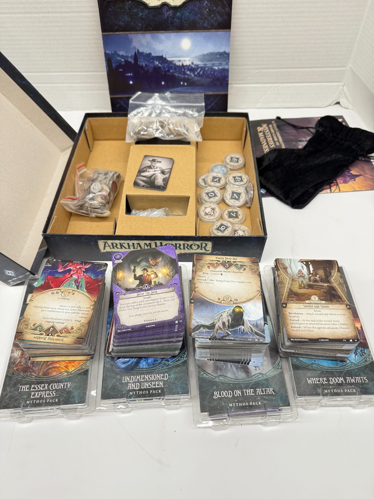 Arkham Horror Core Board Game w/ 4 Mythos Pack Essex Doom Blood Altar Dimension