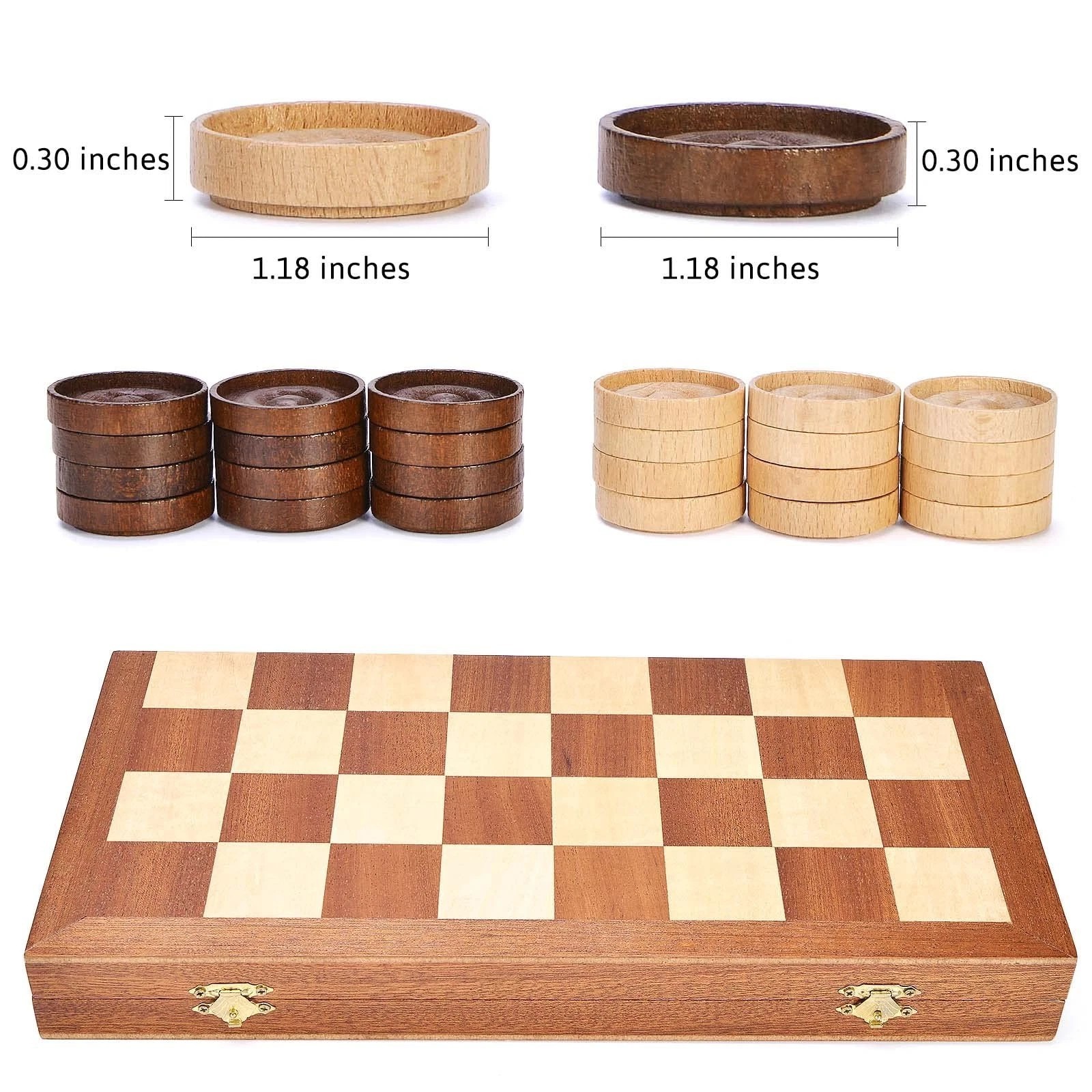 Wooden Folding Checkers Game Board Set w/ Wood Pieces & Storage Case 18″