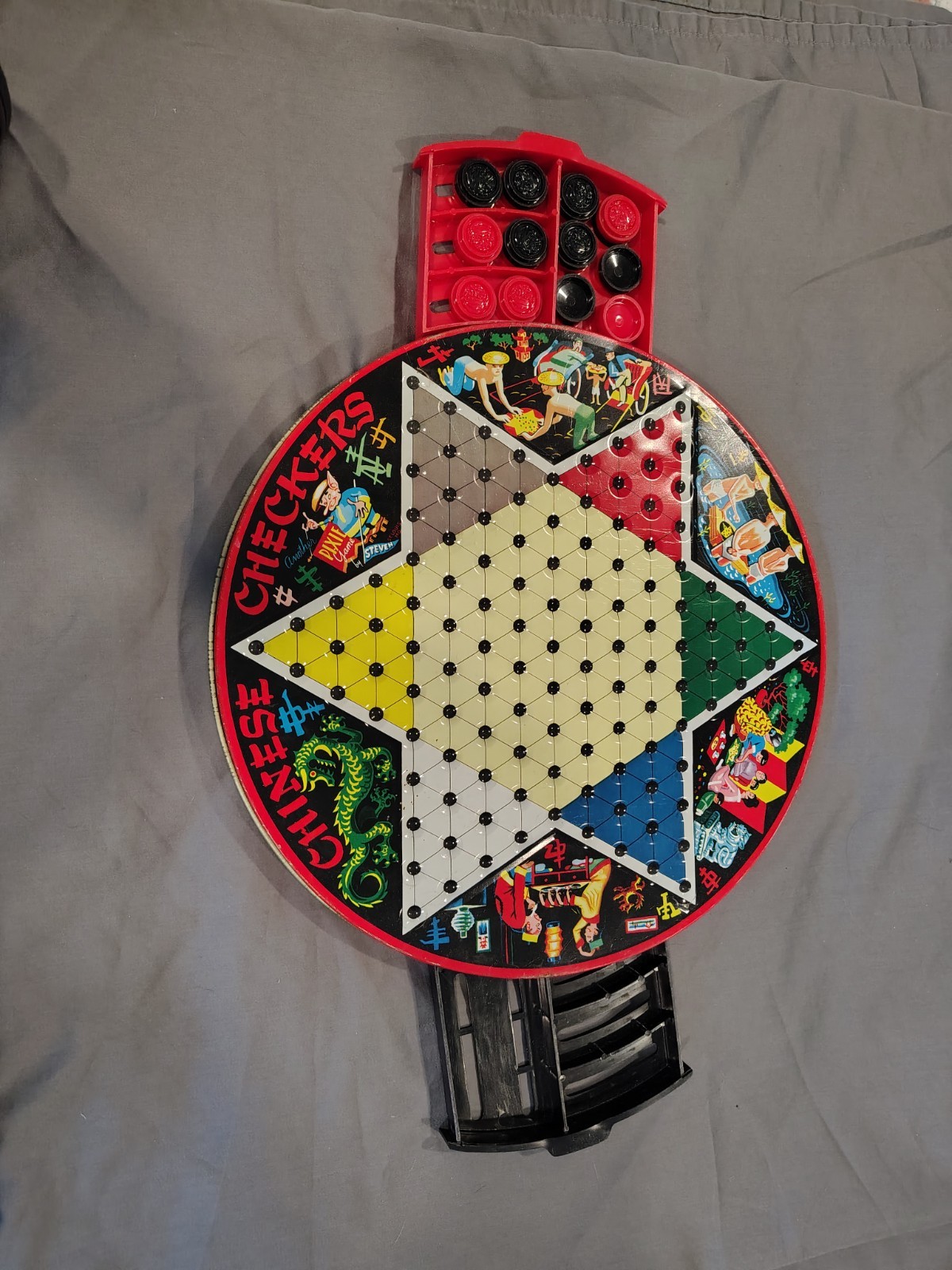 Vintage Metal Chinese Checkers And Checkerboard With Checkers Without Marbles