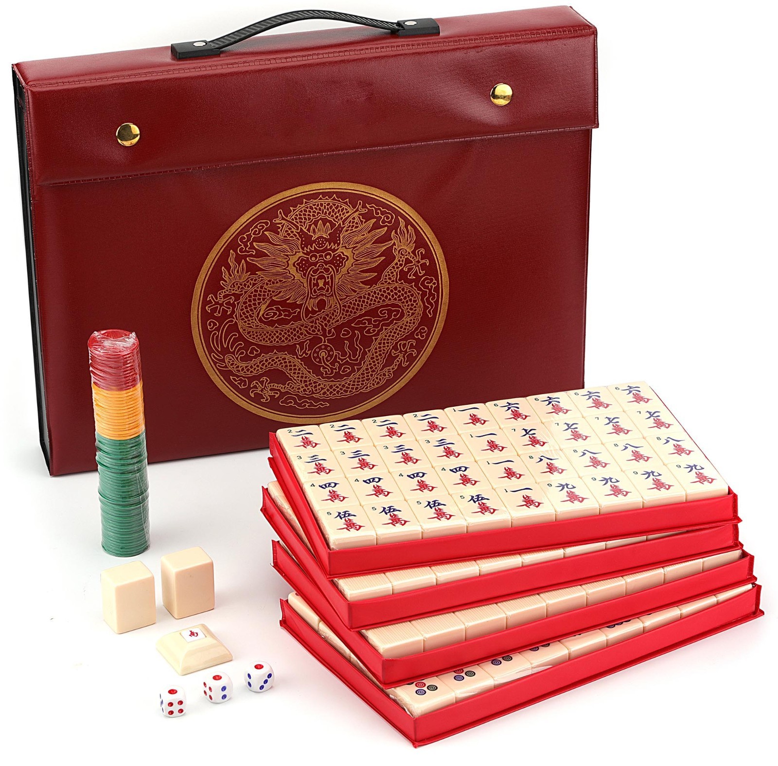 Chinese Mahjong Game Set 1.5″ X-Large 144 Numbered Ivory Color Tiles & Case