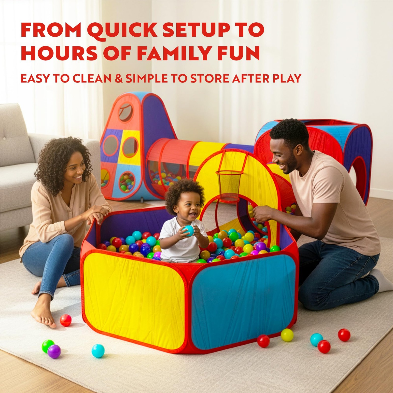Play Tent 5pc Kids Pop Up Ball Pit Basketball Hoop Crawling Tubes Playz Tents