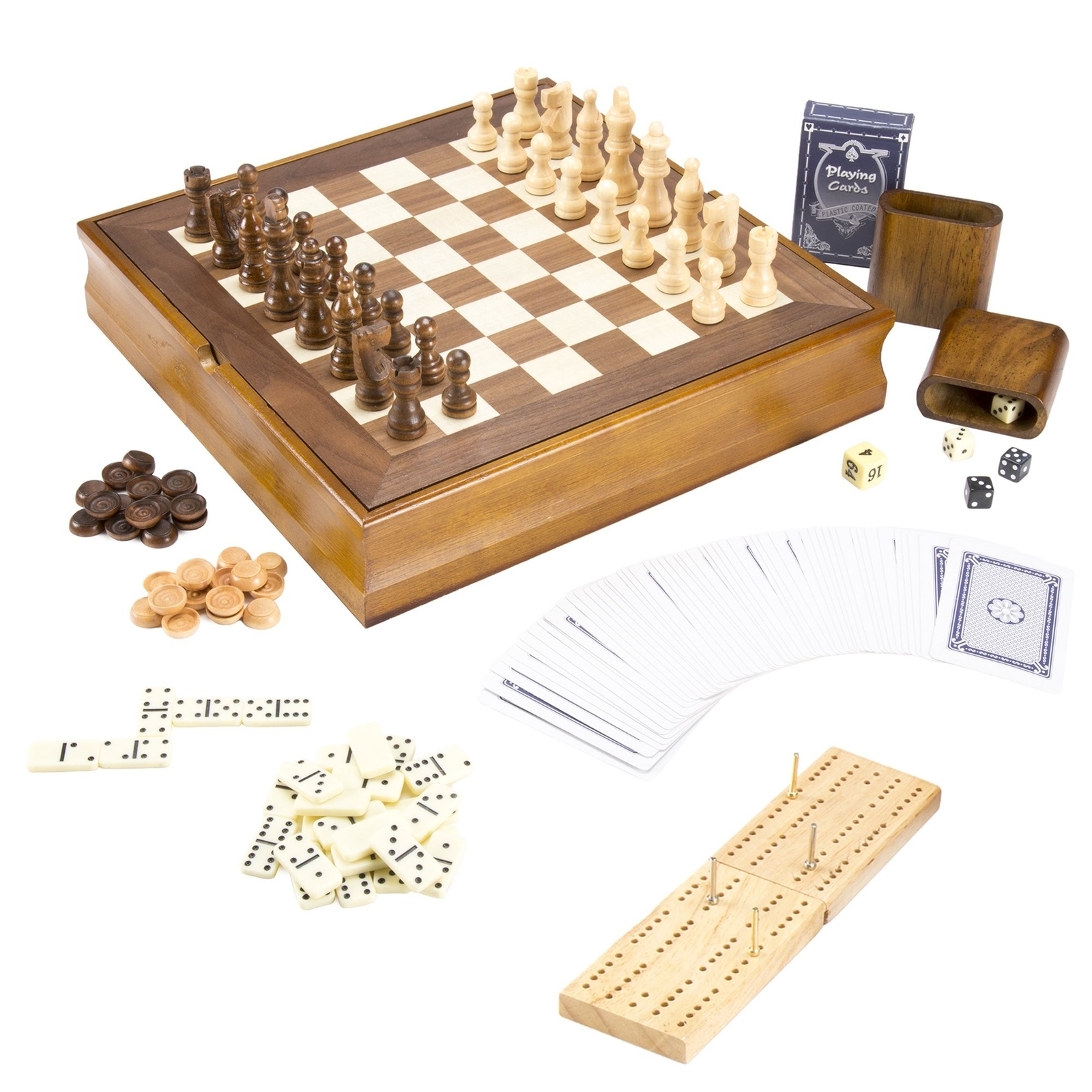 Hey! Play! 7-in-1 Classic Wooden Board Game Set – Old Fashioned Family Gam