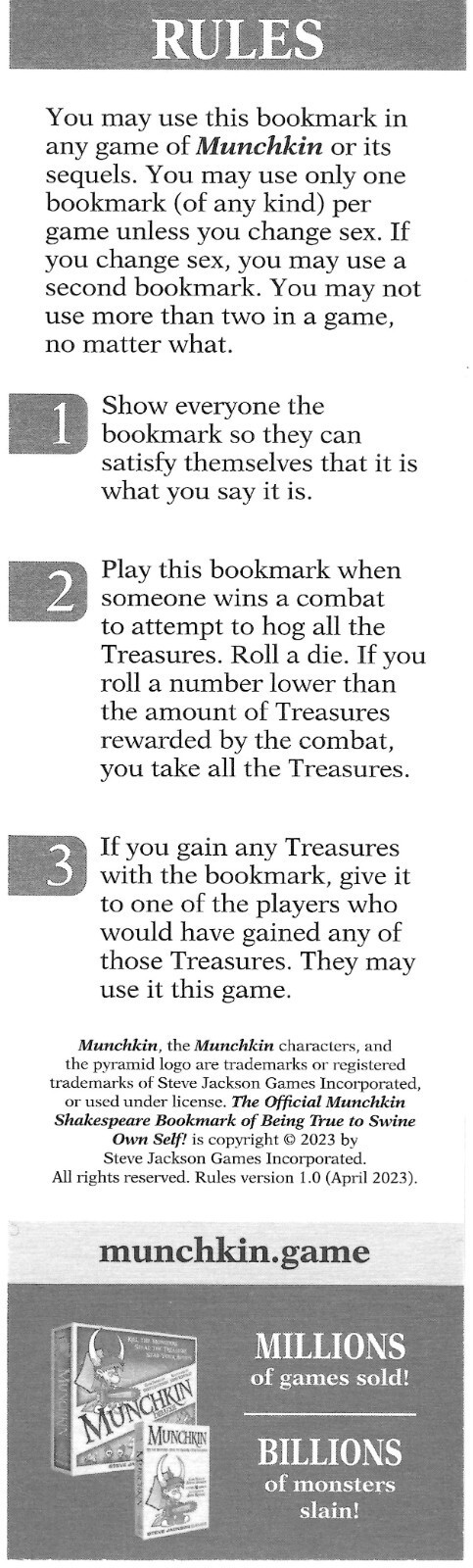 Munchkin Shakespeare Deluxe Board Card Game Swine Own Self Bookmark SJG-1564