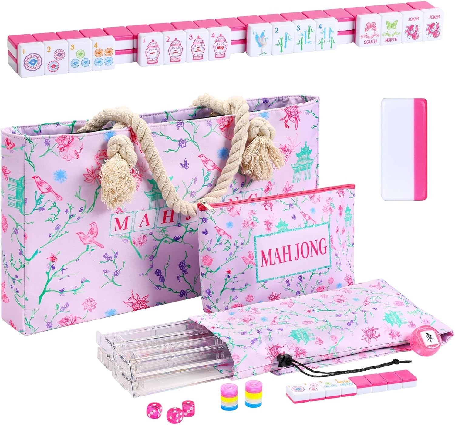 American Mahjong Carved/Engraved MAGENTA tiles Pink Bag COMPLETE & BRAND NEW