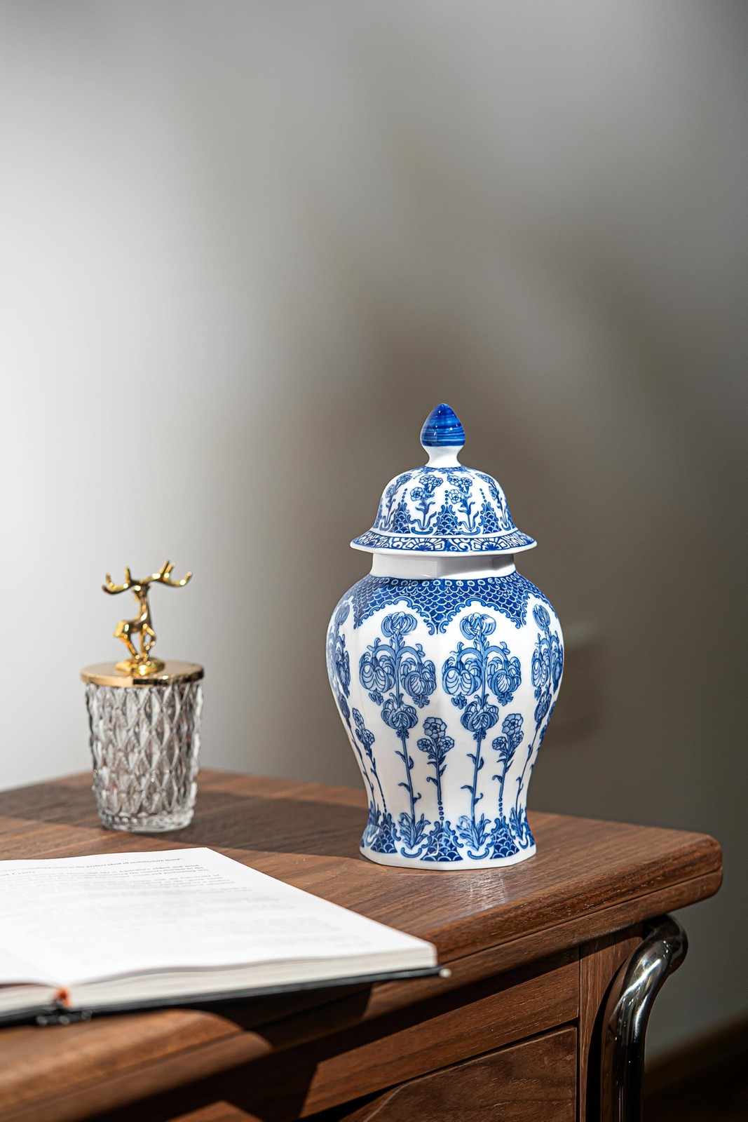 Blue and White Ginger Jar, Ceramic Chinoiserie Decorative Jars for 10″H,