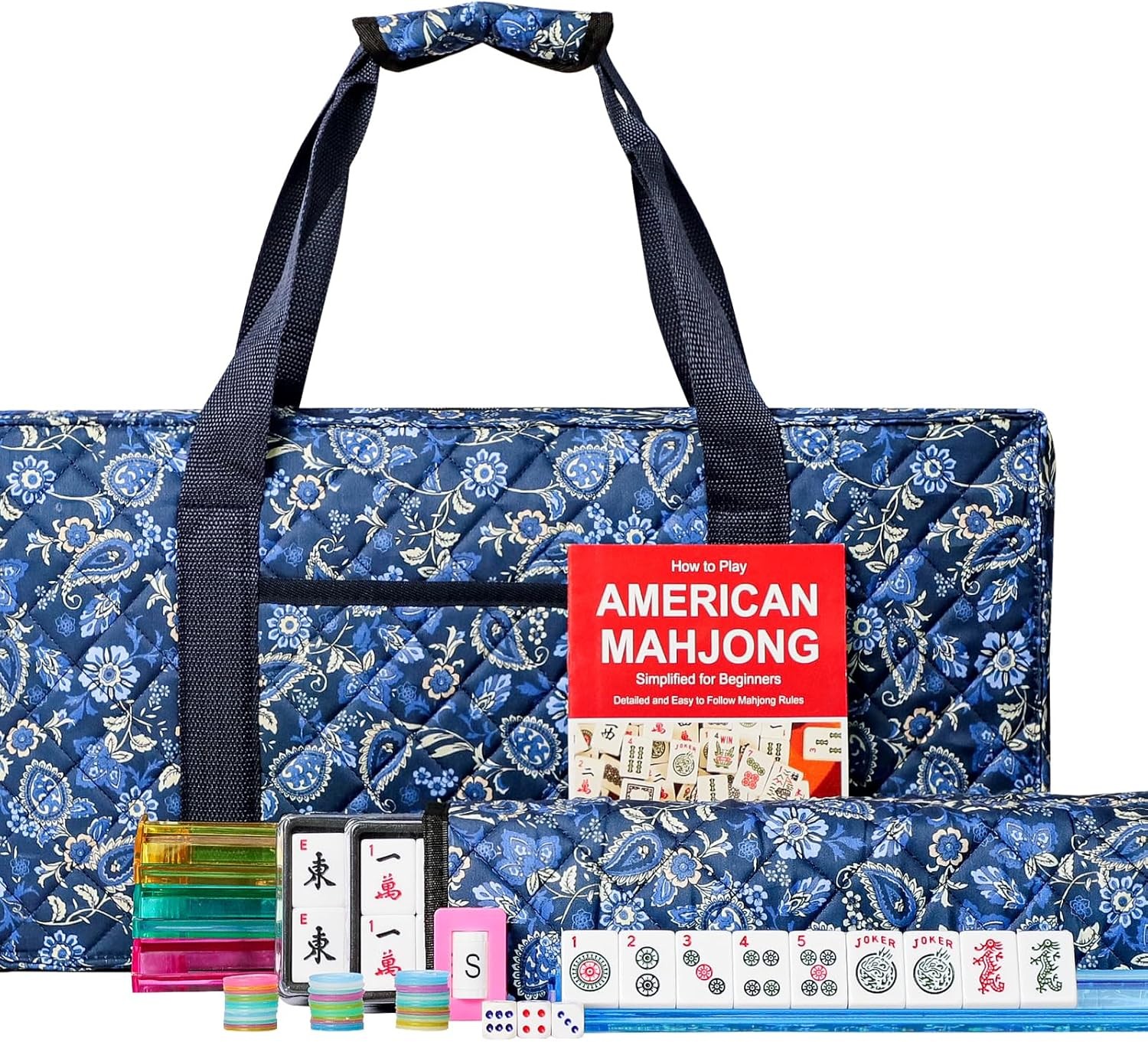 Mahjong Set with Blue Carrying Bag, 166 White Tiles, 4 All-in-One Ra…