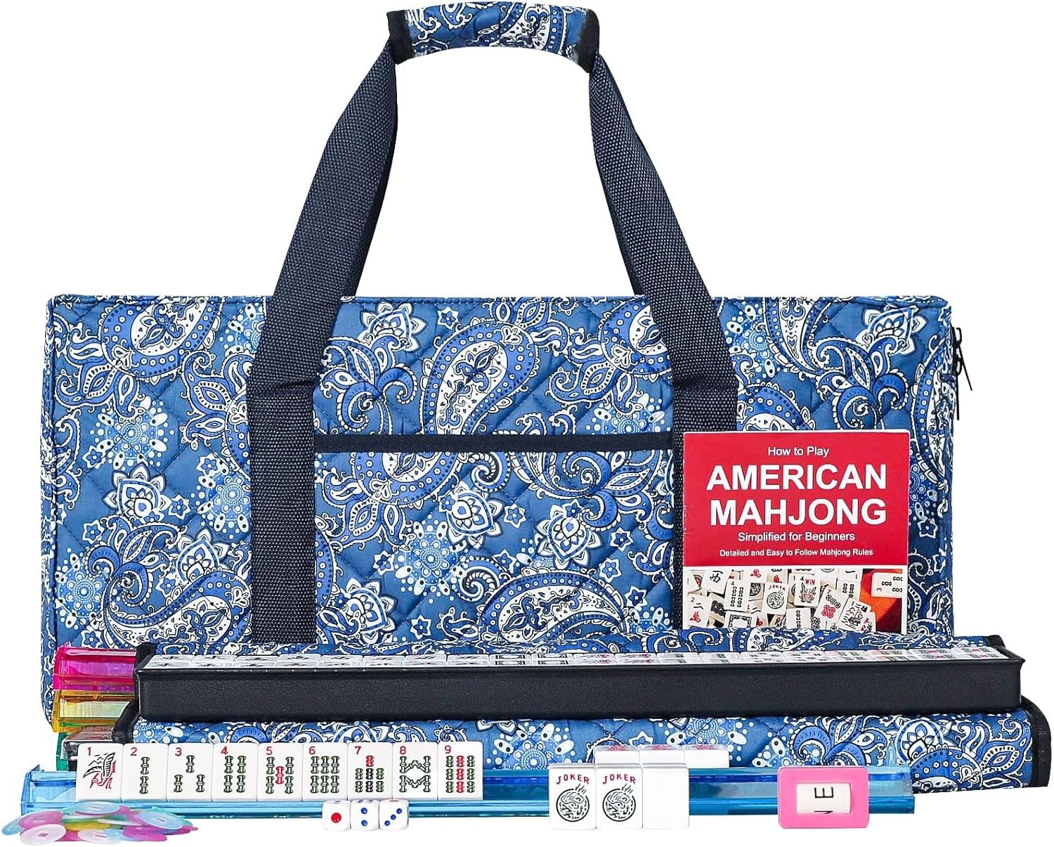 American Mahjong Set with 166 Tiles, Racks, Pusher, Bag, Accessories, and Manual