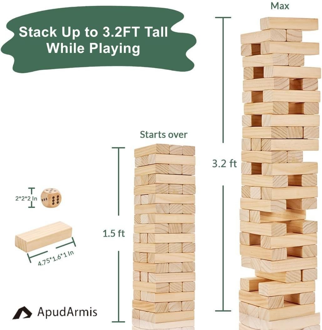 54 PCS Wooden Tumble Tower Game Set Giant Jenga Blocks Dice Scoreboard