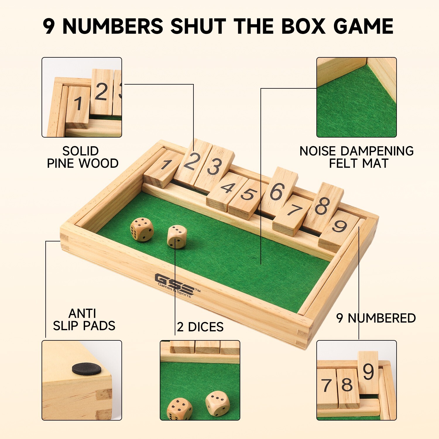 9 Number Wooden Shut The Box Dice Game Board Set Family Pub Bar Dice Board Game