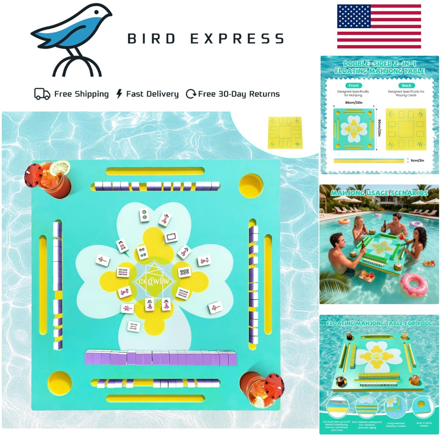 Floating Mahjong Table Double Sided 32-inch Waterproof Water Game Tray for Pool