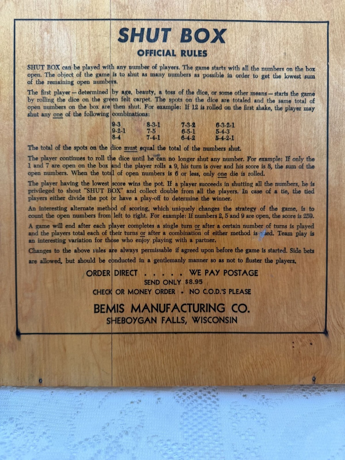 Vintage Shut The Box Wooden Game Felt Surface & Bemis Manufacturing Co. Label
