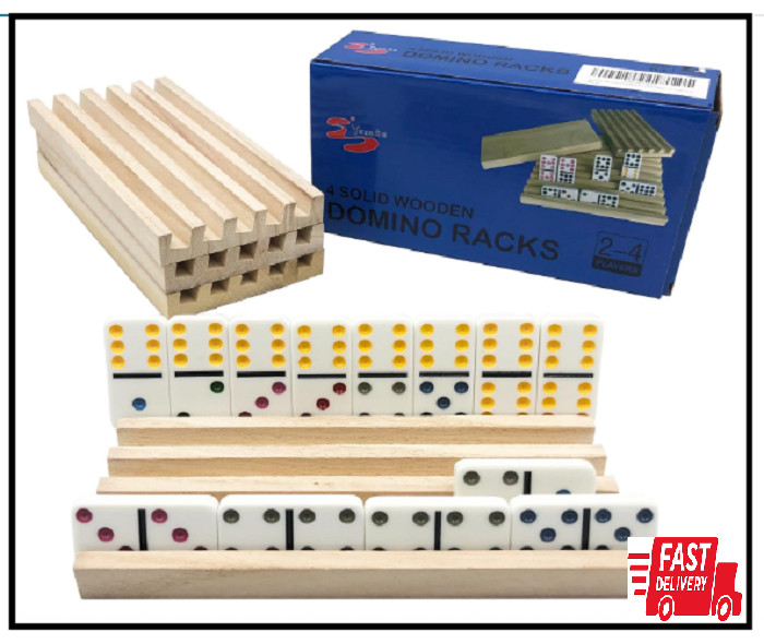 Domino Holder Trays Rack – Set of 4 Wooden Tiles Stand Holders for Mexican Train