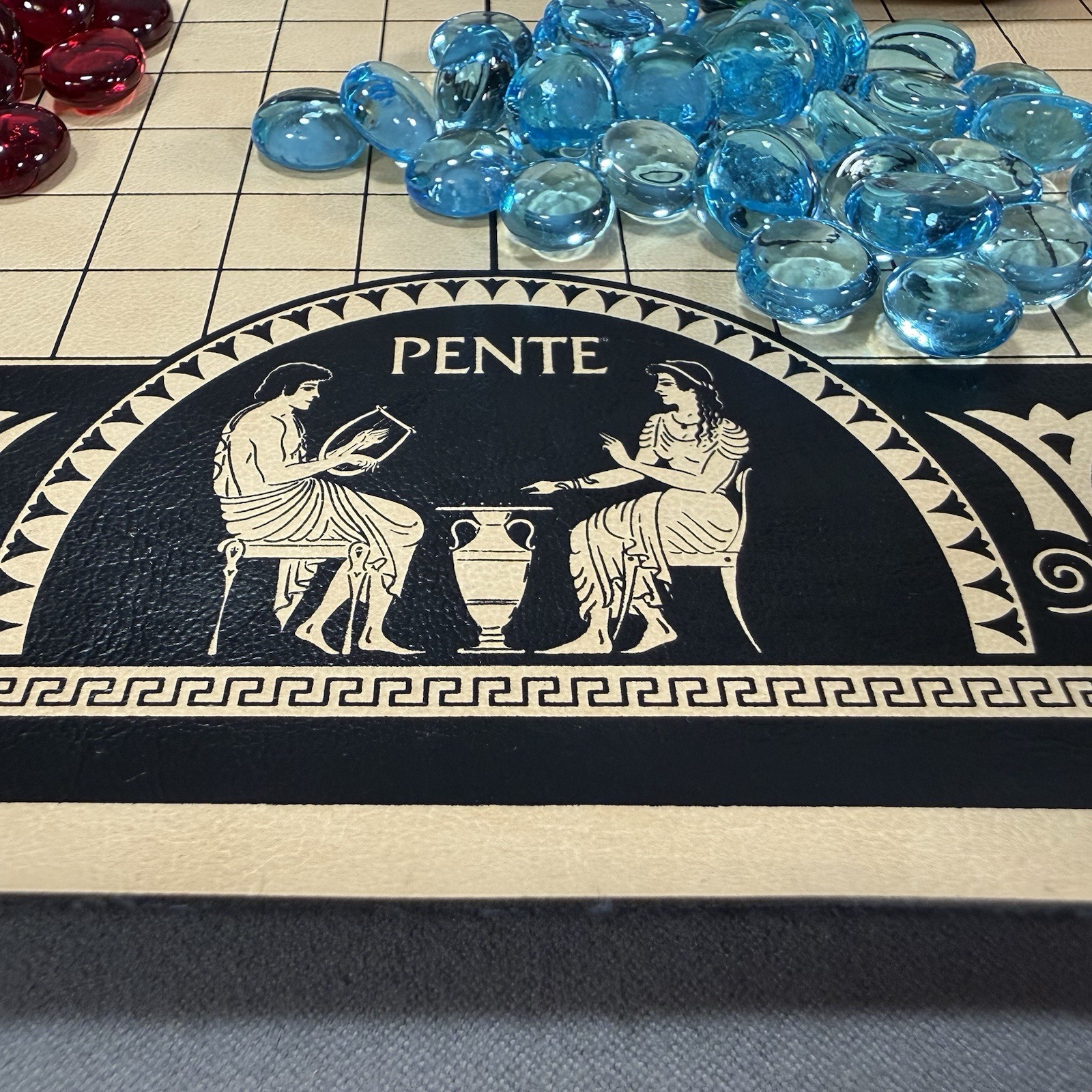 1987 Vintage Red Tube PENTE Game Yellow Green Purple Red Cobalt Blue Clear Stone