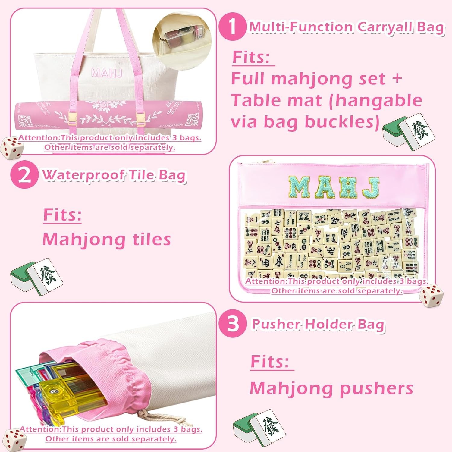 Empty Mahjong Tile Bags Set for American Tiles and Racks,Canvas Tote Bag with Ma