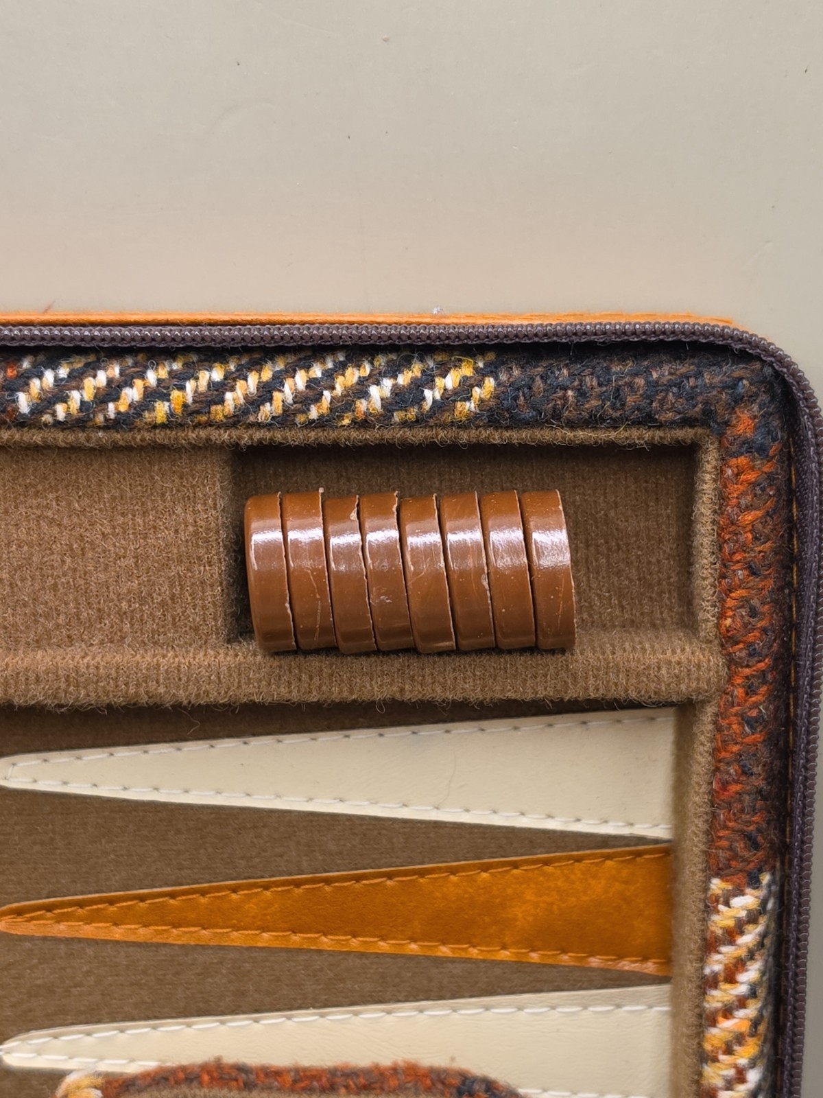 Vintage Backgammon Set Zippered Travel Case Brown Plaid Wool & Leather Complete
