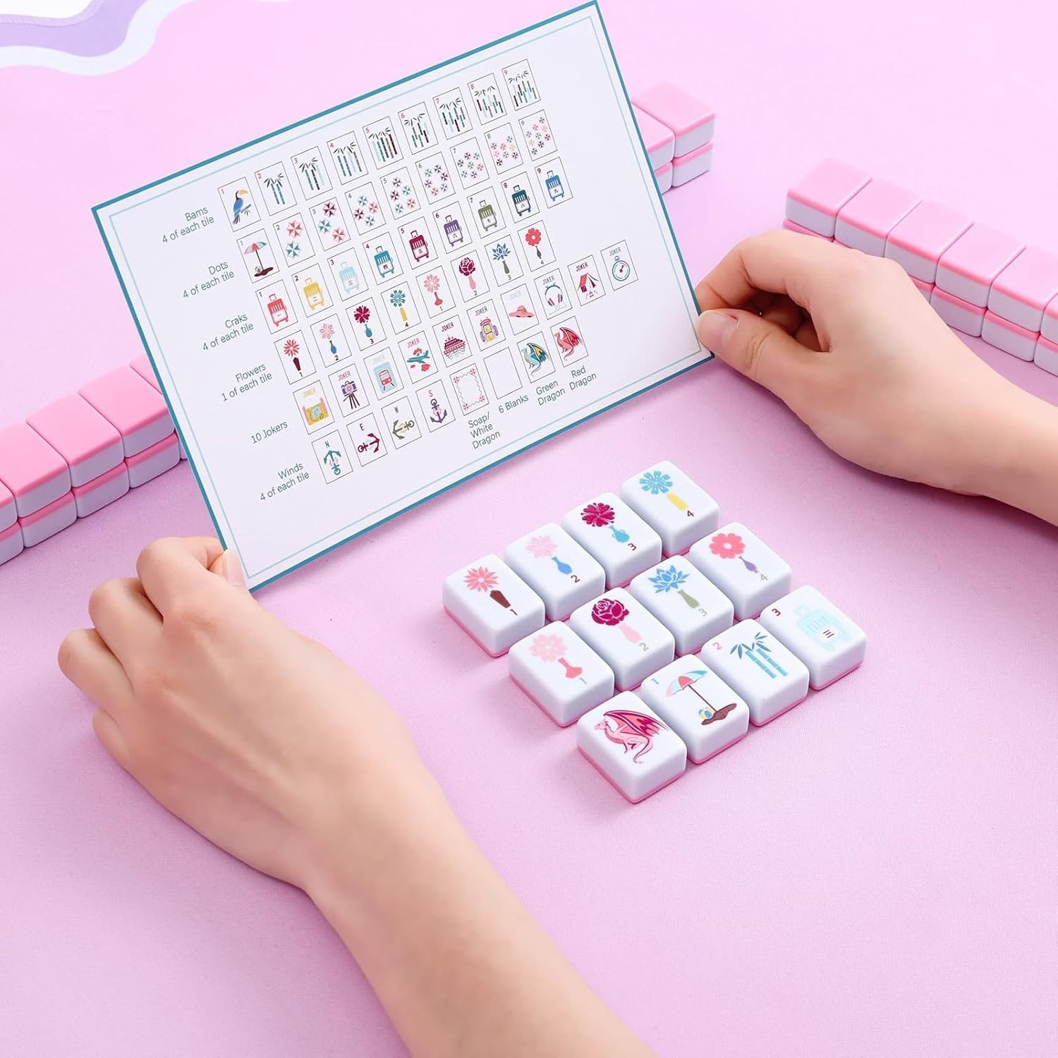 160 Pink Printed American Mahjong Game Set with Carrying Bag and Accessories,