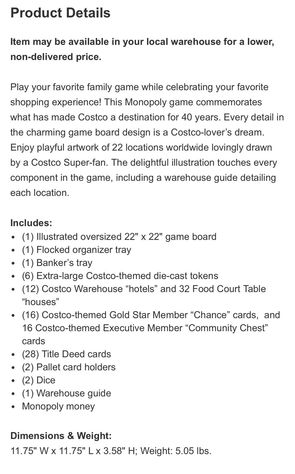 Costco Monopoly Board Game Special Edition New in Box Sealed by WS Game Company