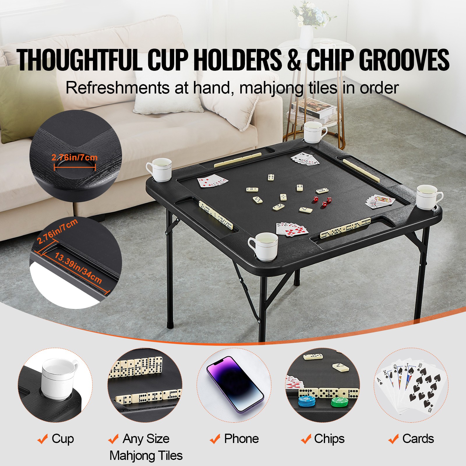 Uimoso Mahjong Table 4Player Folding Card Table & 4 Cup Holders Chip Trays Black