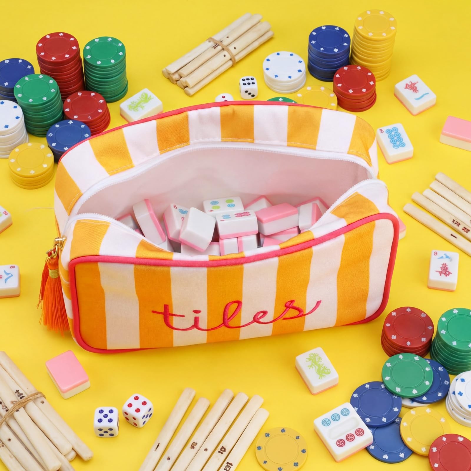 Mahjong Tile Bag with Zipper, Striped Embroidered Mahjong Storage Pouch Mah J…