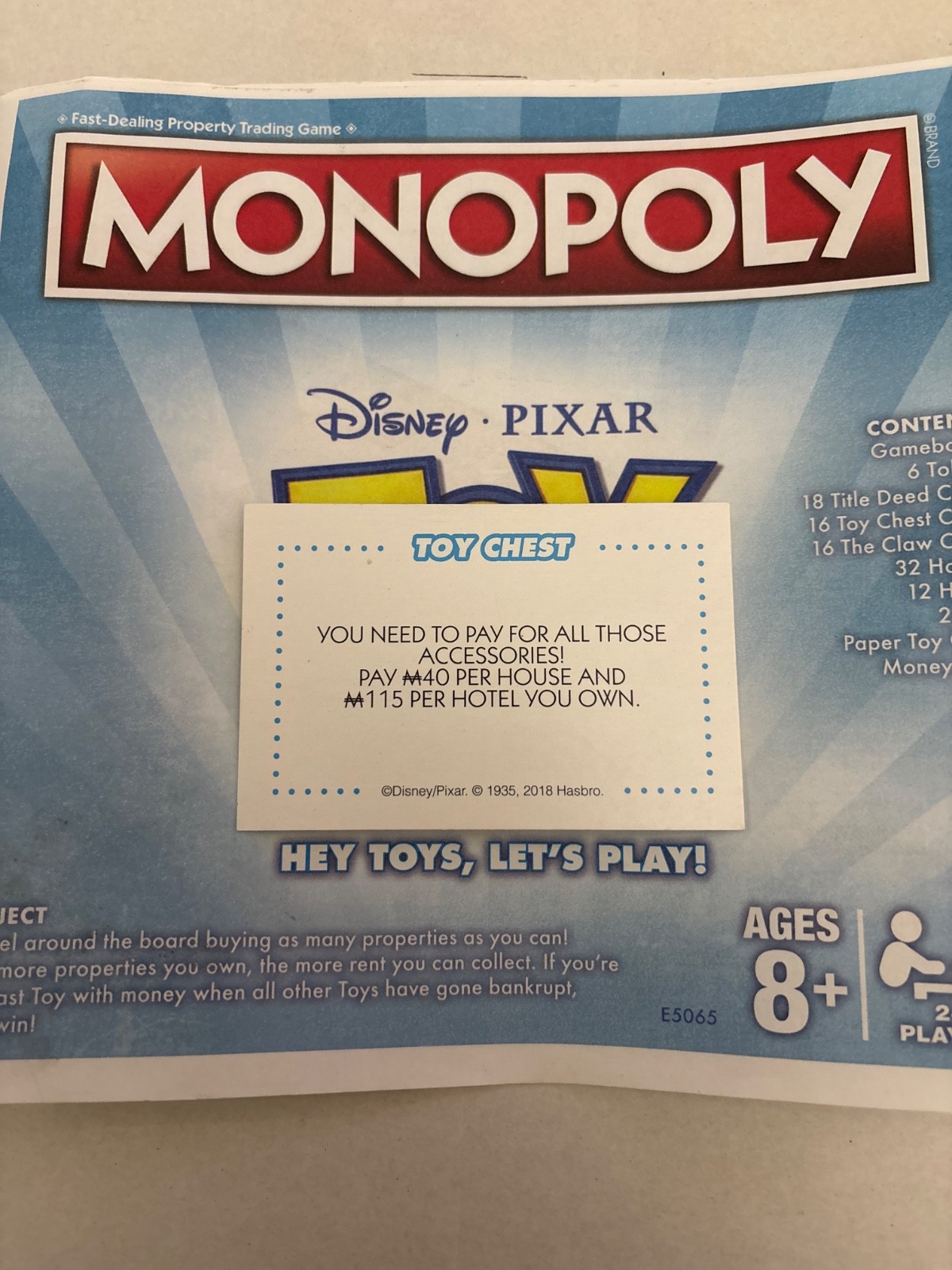 2018 Monopoly Toy Story Pay For All Those Accessories Community Chest Card Game