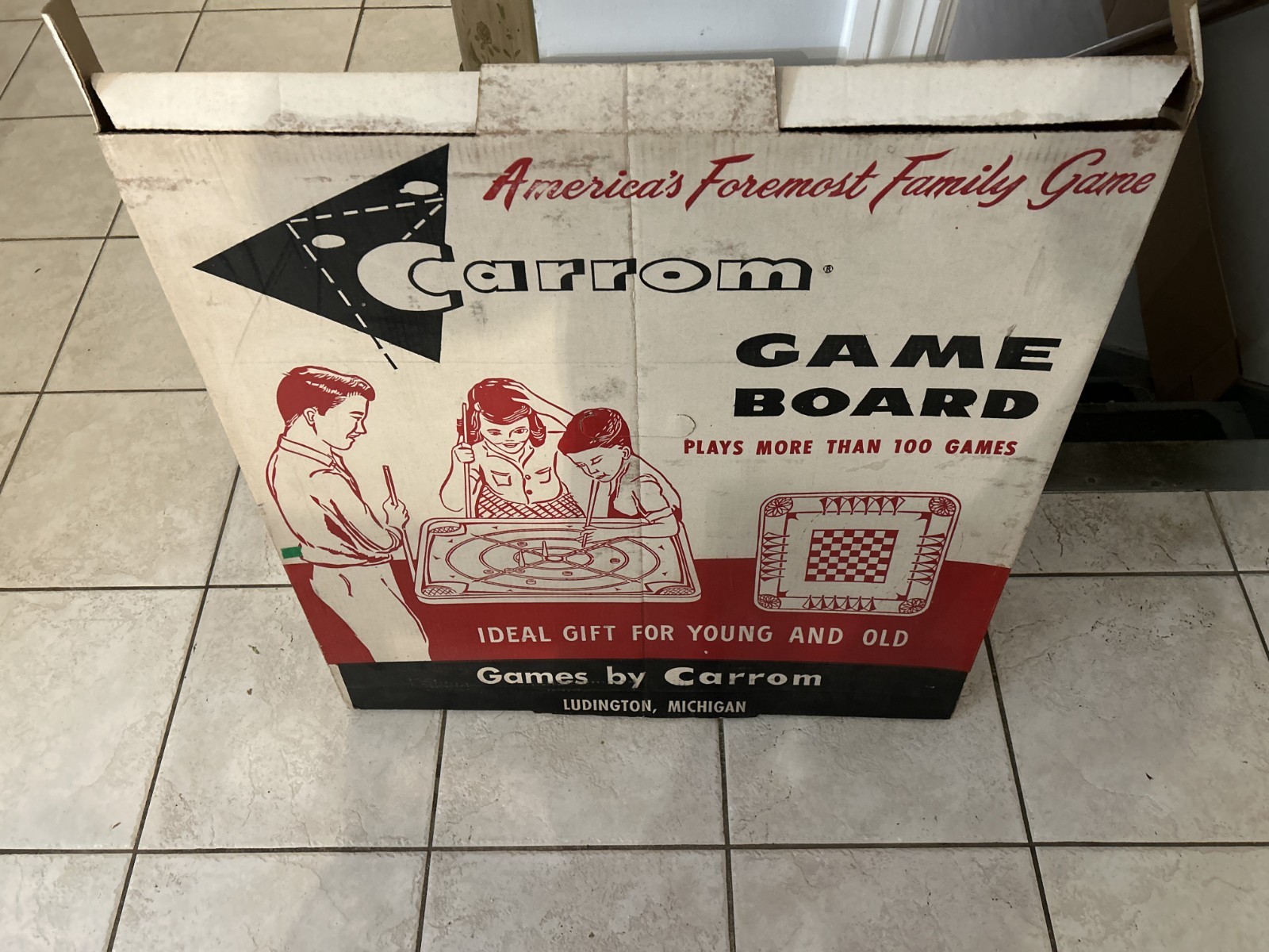 Vintage Carrom Game Board w/ Original Box 28×28 No Pieces Ludington MI