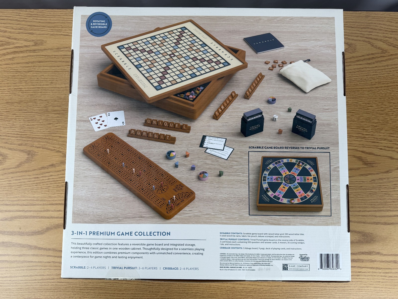 Scrabble 3-in-1 Premium Game Collection w/ Trivial Pursuit & Cribbage Open Box