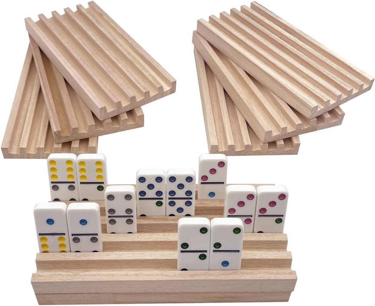 Mexican Train Domino Trays Set of 8,Natural Wood Domino Racks, Domino Tiles