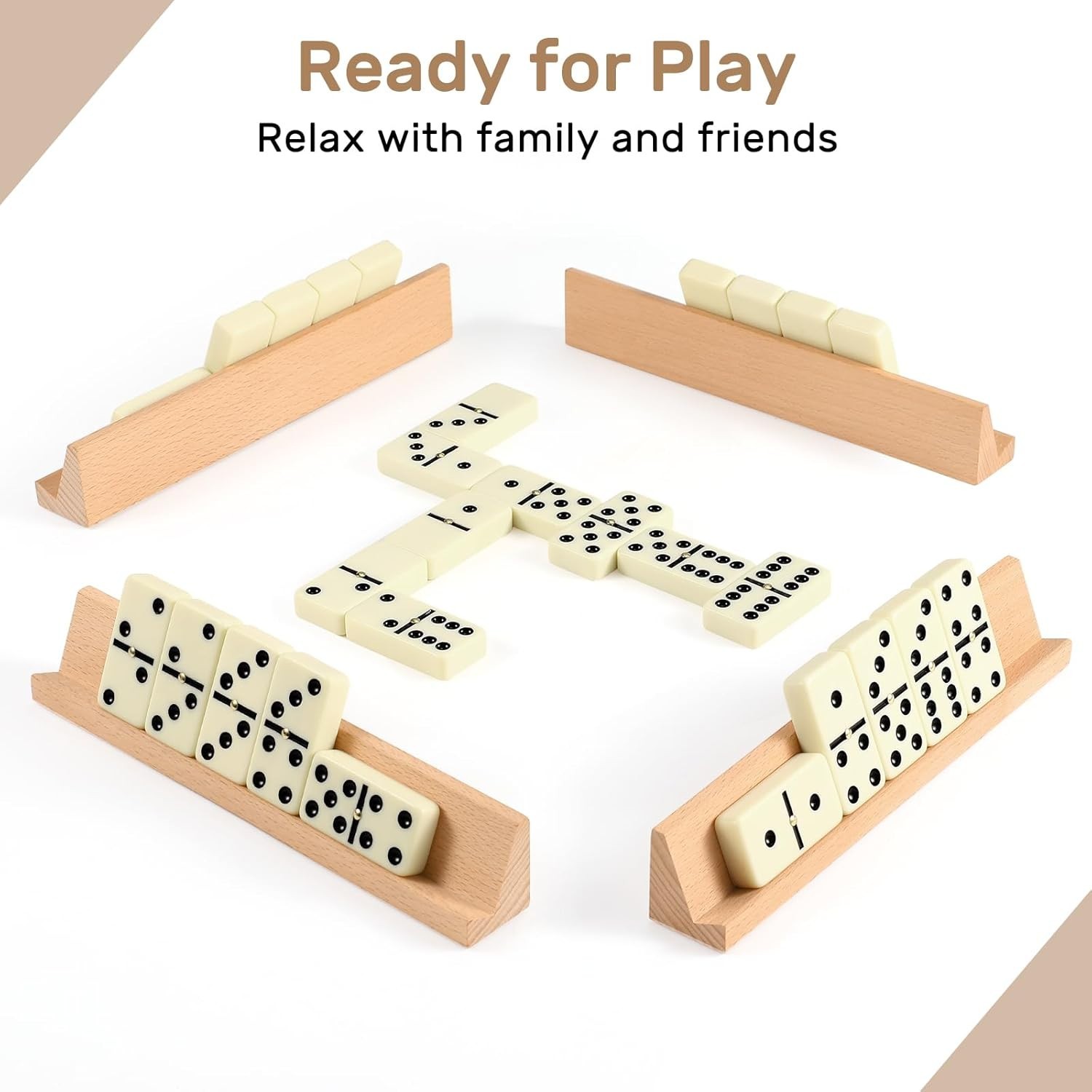 Deluxe Jumbo Dominoes Set for Adults with 4 Beech Racks & Eco-Friendly Tiles