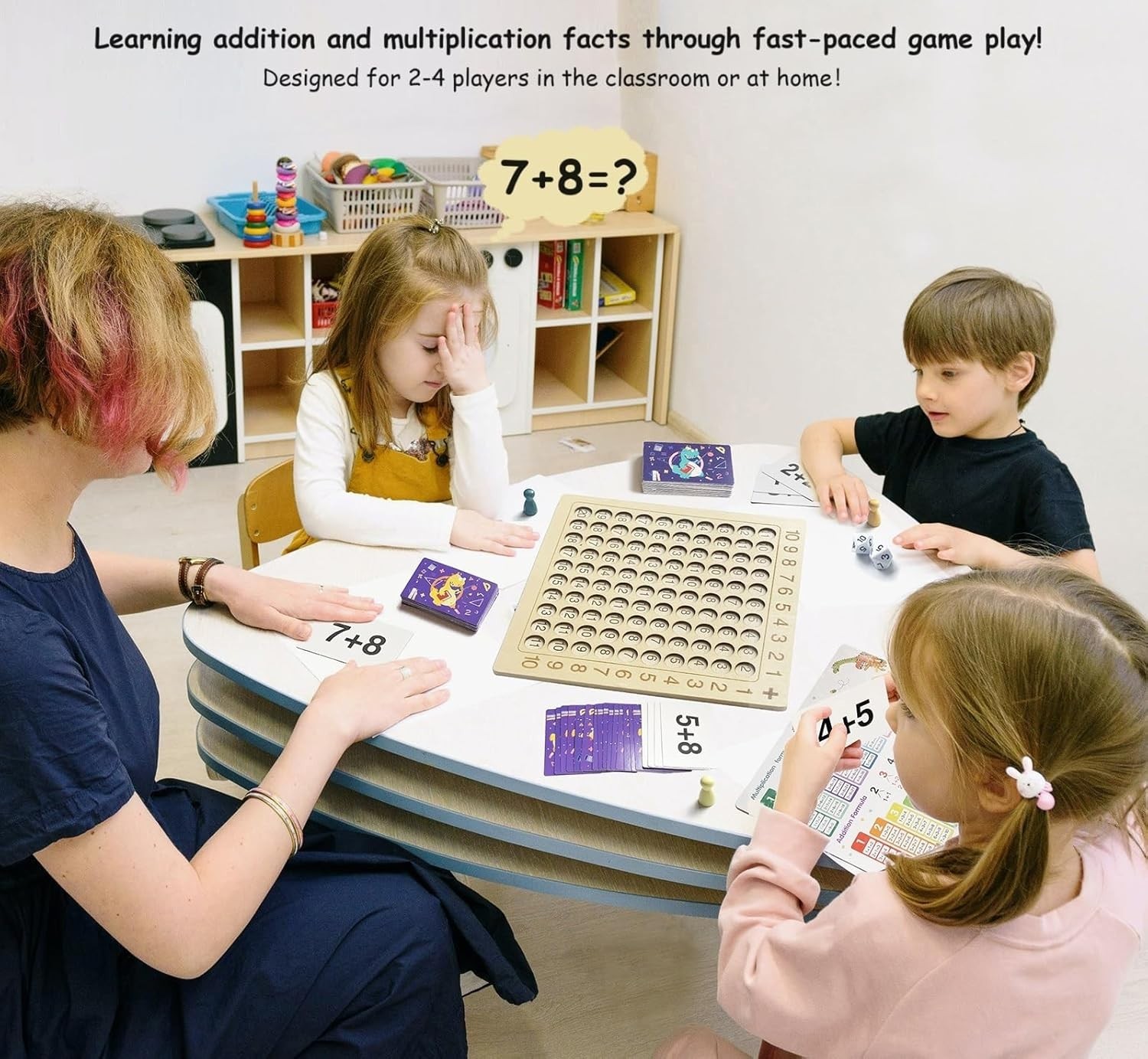 2 in 1 Math Board Game for Kids – Wooden Double Sided Table with Dice and Cards