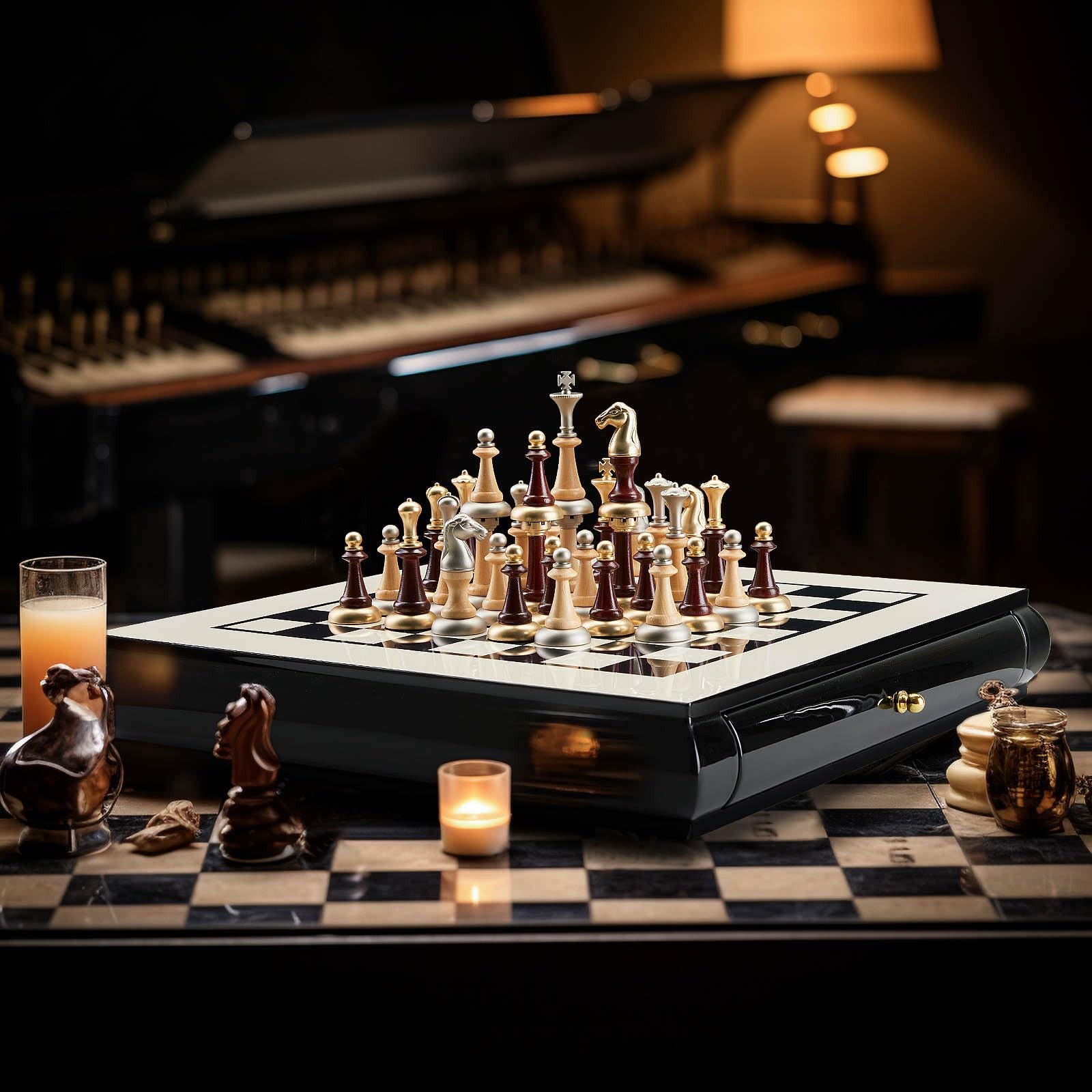 AMEROUS 16 Inches Wooden Chess Set, Large Size Board with 2 Built-in Storage Dra