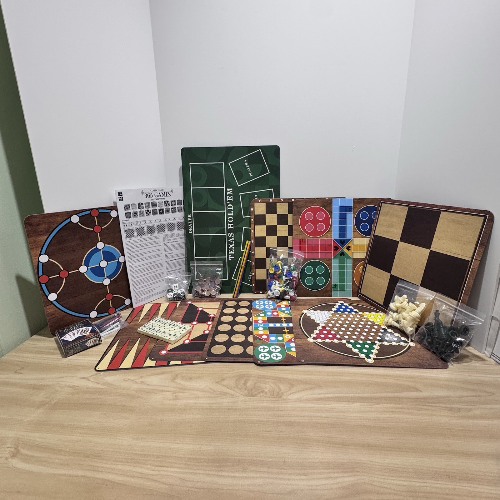 Classic Games 365 Game Set Board Games, Cards Dice, Double Sided Boards Open Box