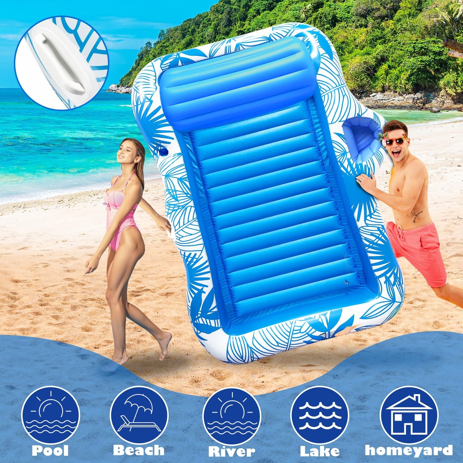 Pool Float 83 x63 Extra Large Inflatable 2 Person Tanning Lounger Blue 83×63