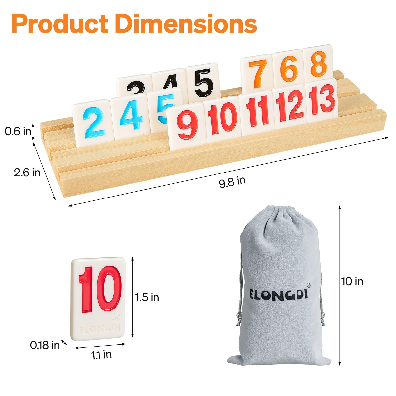 ELONGDI Rummy Cube Large Numbers Edition, Blue and White, Black, Natural Wood