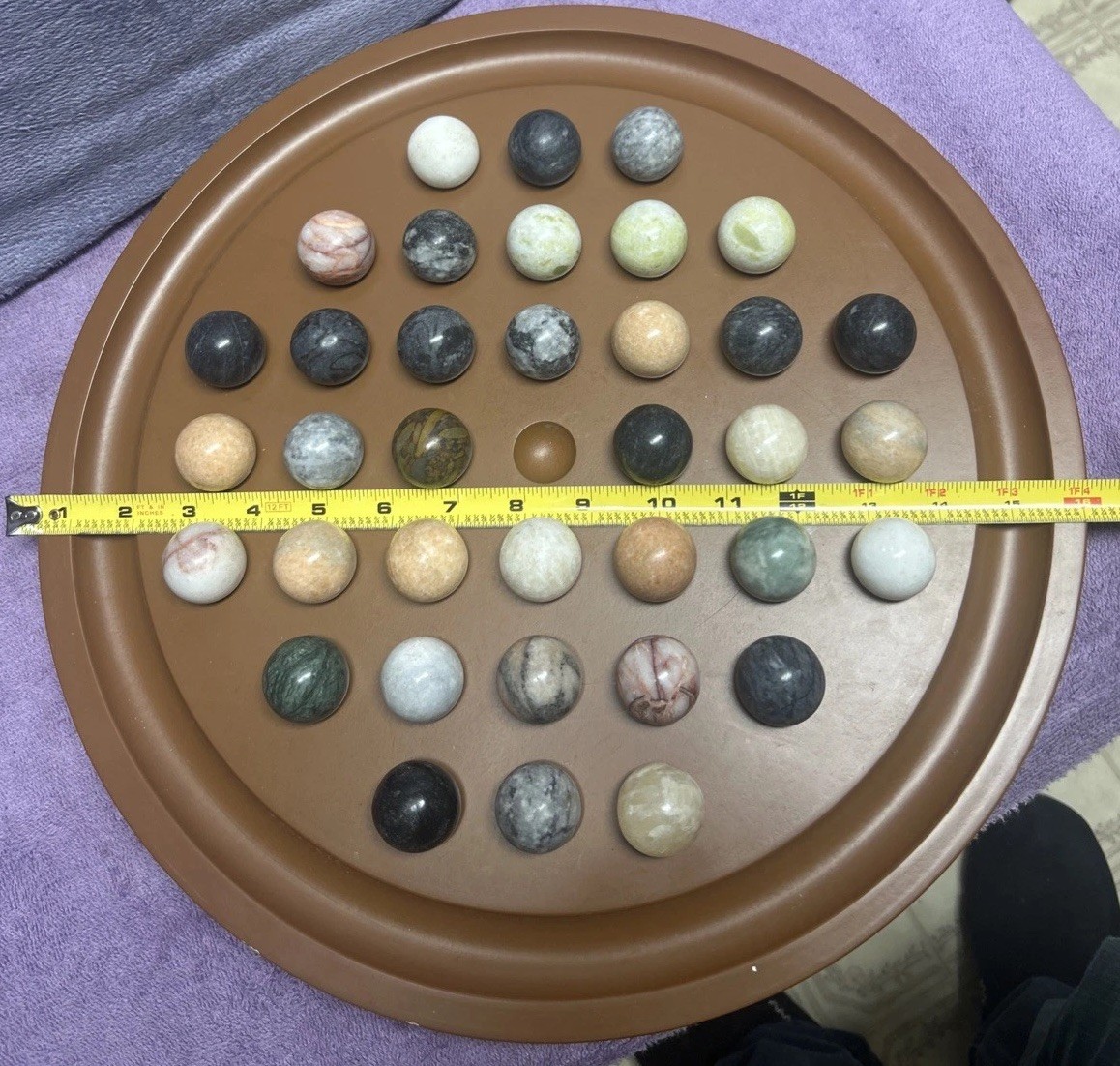 Vtg Semiprecious Stone Marble Solitaire Game 36 1” Stone Marbles 16” Board