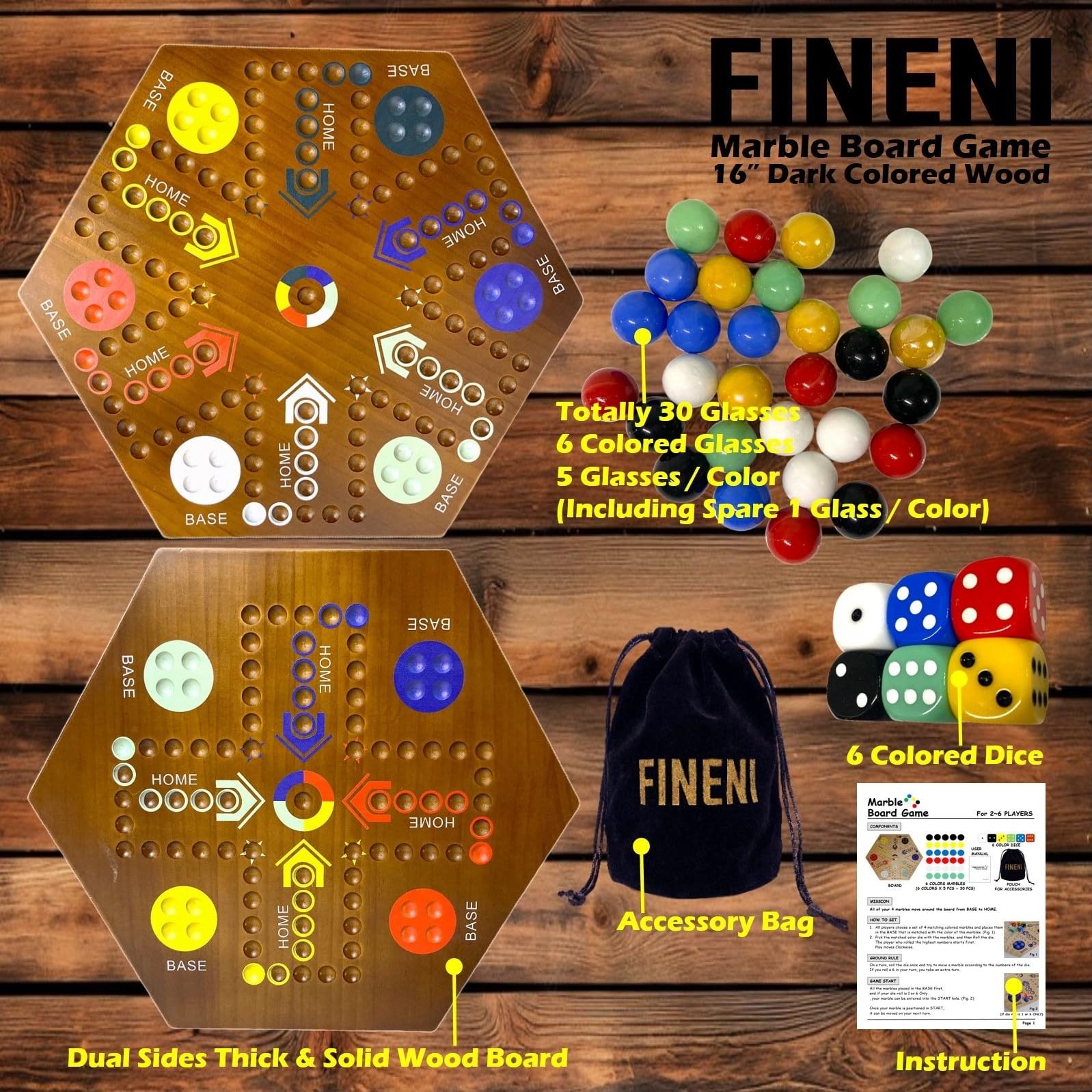 Wooden Board Game Dual Sides Fast Track 2 to 6 Players 6 Colors 30 Marbles 6