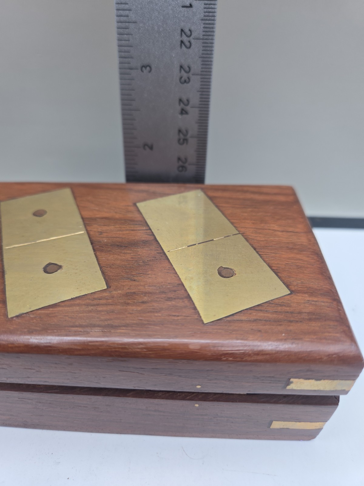 Double Six Wood Dominoes Set w Brass Inlays in Wooden Case With Latch Rare!