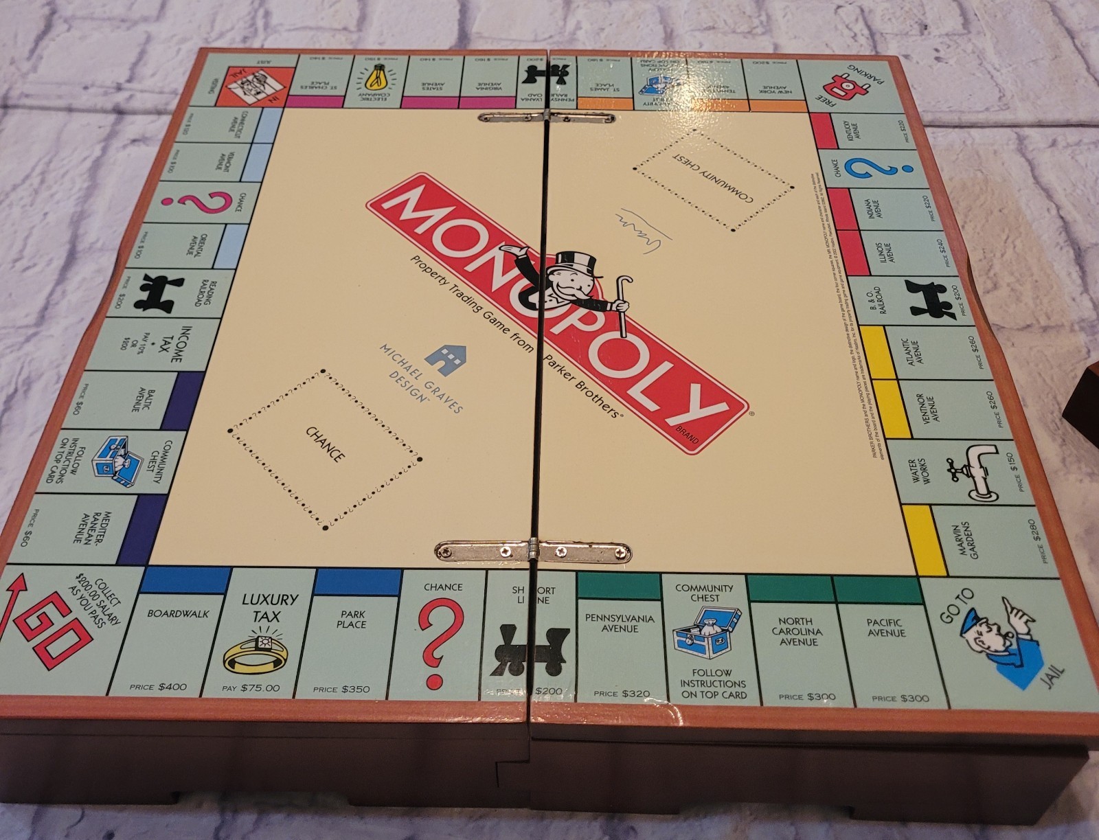 2002 Parker Brothers / Michael Graves Monopoly Board Game in Folding Wooden Case