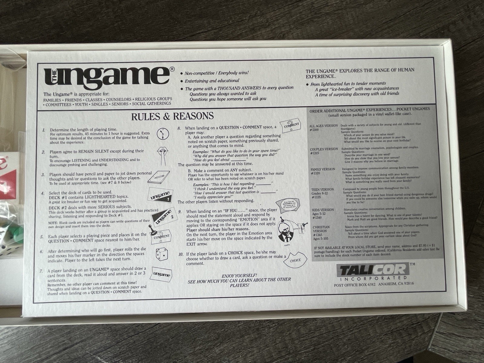 TaliCor Ungame Board Game Christian 1989 Family Self-Expression 100% COMPLETE