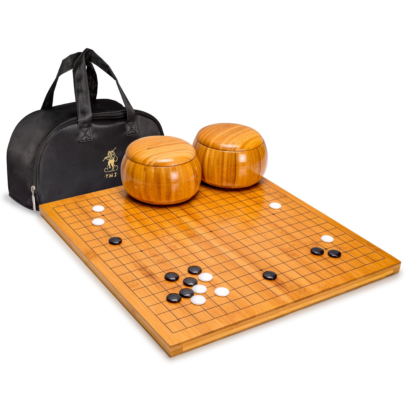 Bamboo 0.8-Inch Reversible 19×19/13×13 Go Game Set Board w/ Bowls and Stones