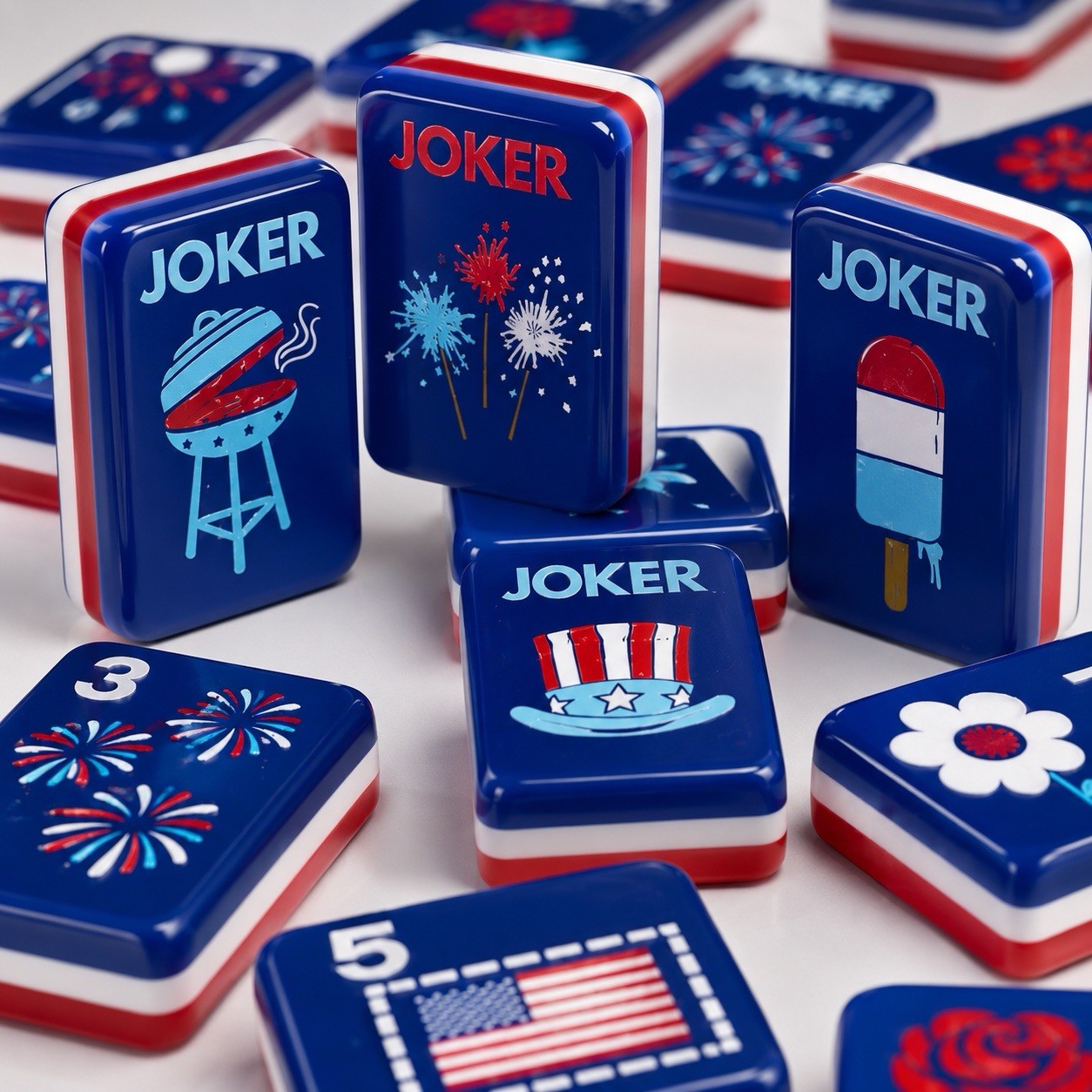 New! Patriotic Red White & Blue Mahjong Tile Set w/ Joker Tiles
