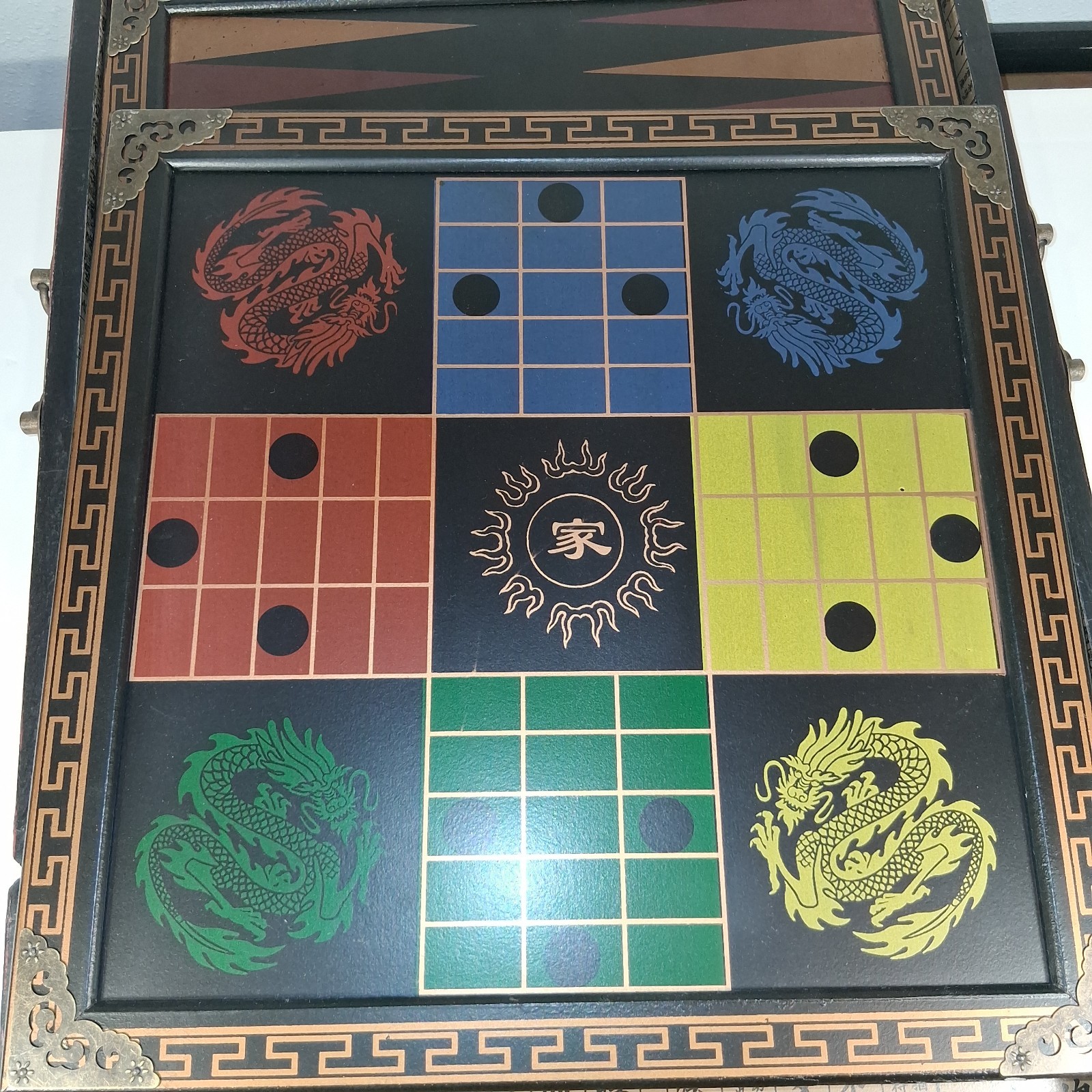 Vintage Chinese Dragon Phoenix Multi Game Chest Chess Backgammon Go Complete 16″