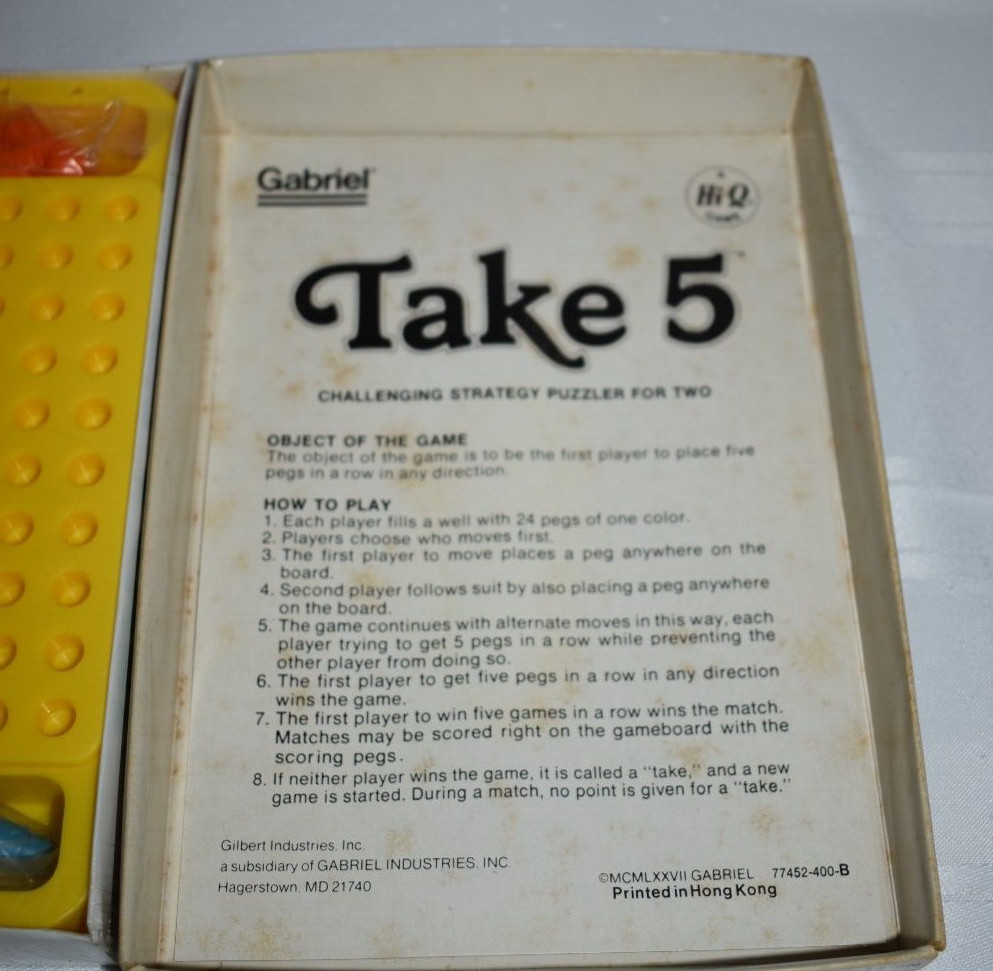 1977 TAKE 5 Gabriel Strategy Game Hi-Q Puzzle Vtg w/Instructions New HONG KONG