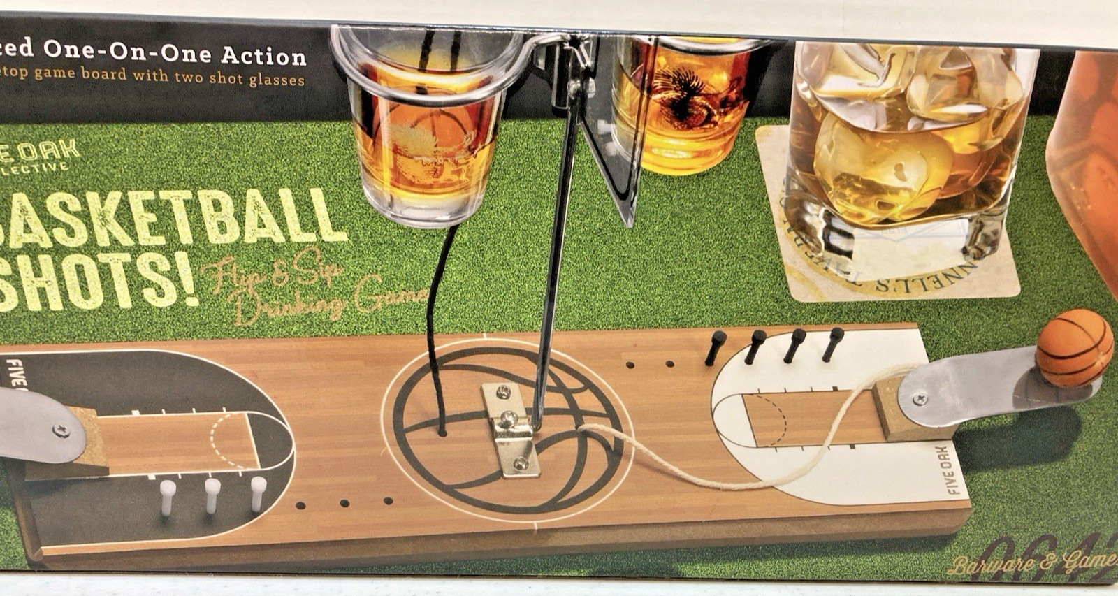 Five Oak Collective Basketball Shots Wooden Game Board With Two Shot Glasses