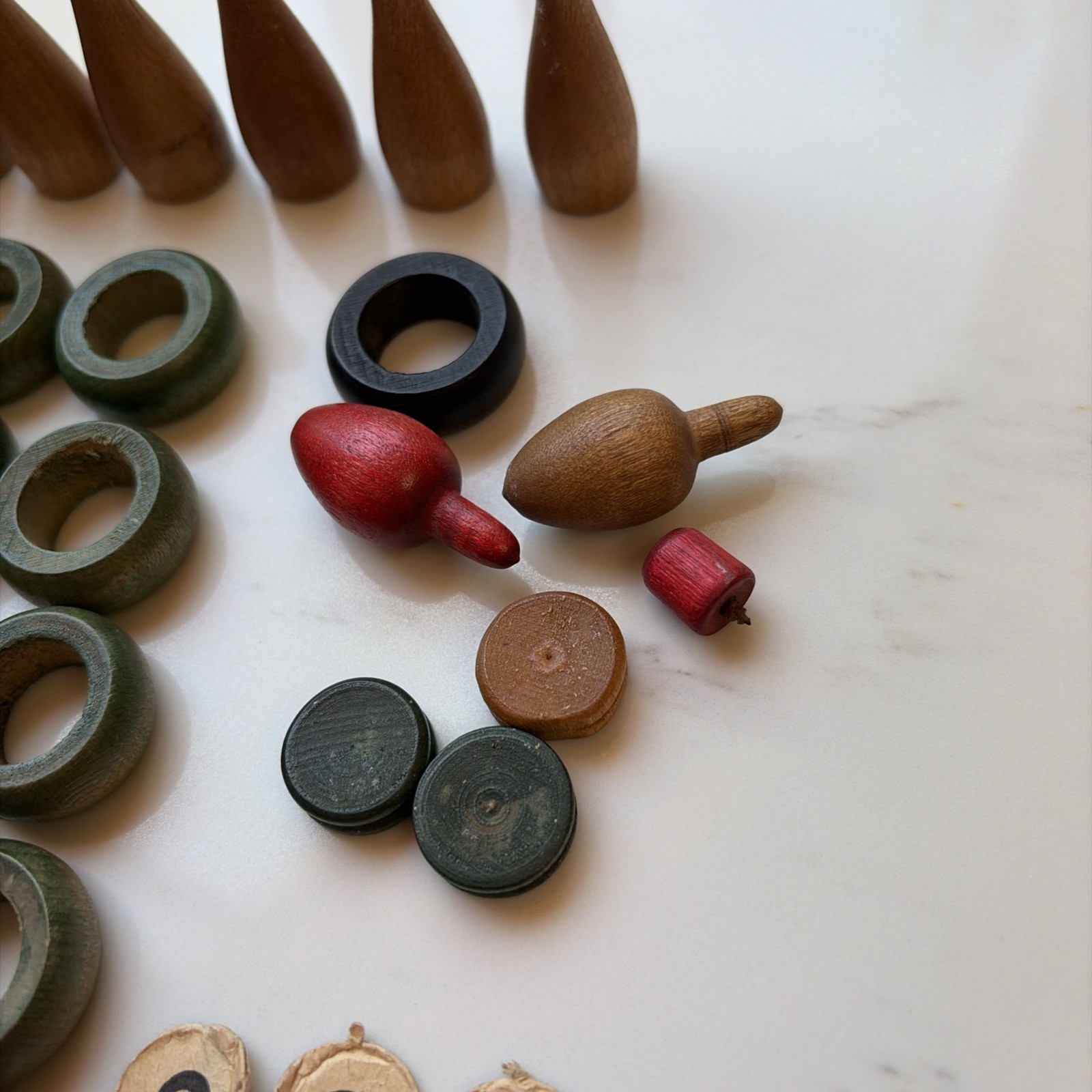 Vintage Wood Carrom Game Pieces, 56 Wood Pieces 10 Paper Numbers