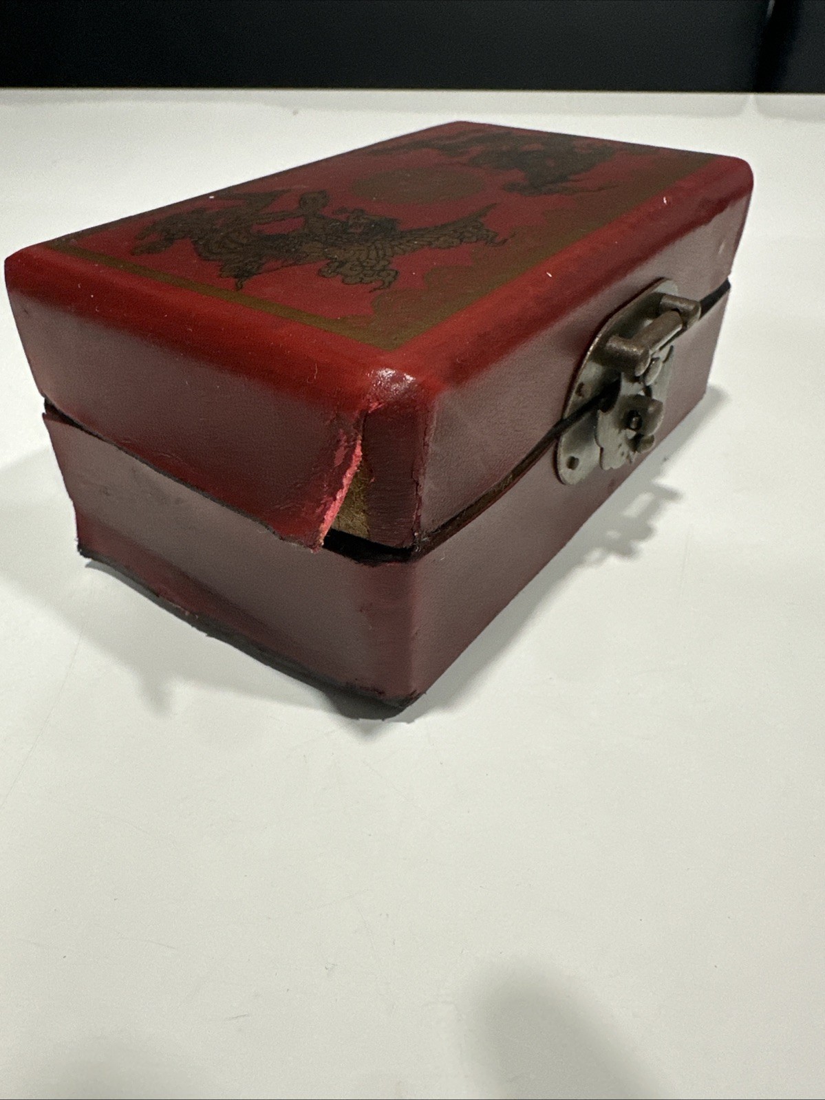 Vintage Chinese Red Leather Box Dragon Art -Box for Mini- Dominoes Game