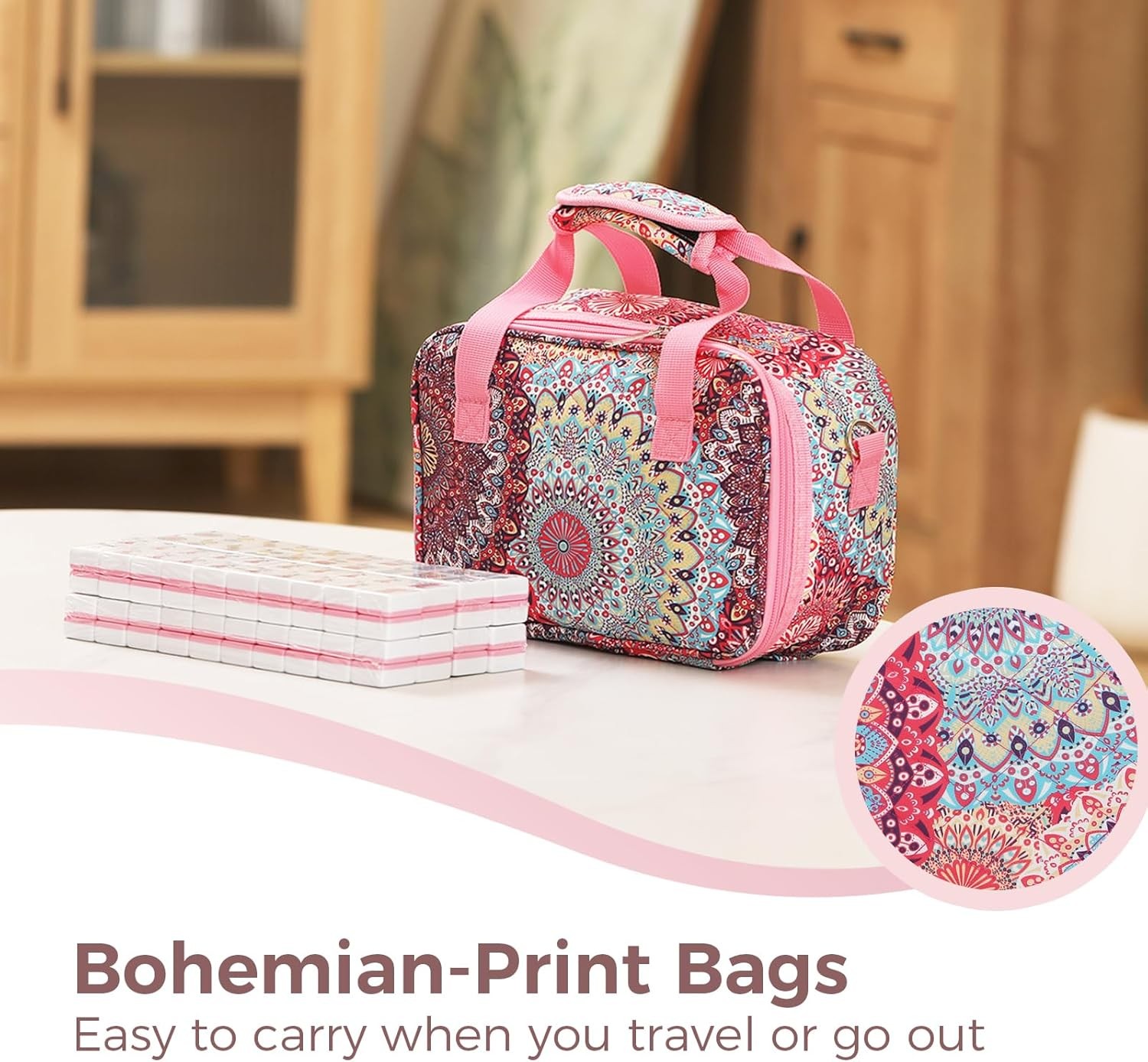 166 Pink American Printed Mahjong Game Set with Carrying Bag and Accessories, 1.