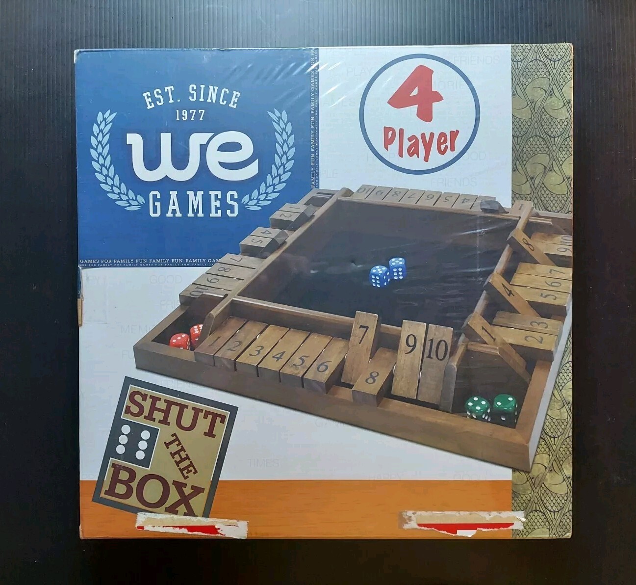 WE Games 4 Player Shut The Box Dice Game – Walnut Stained Wood New