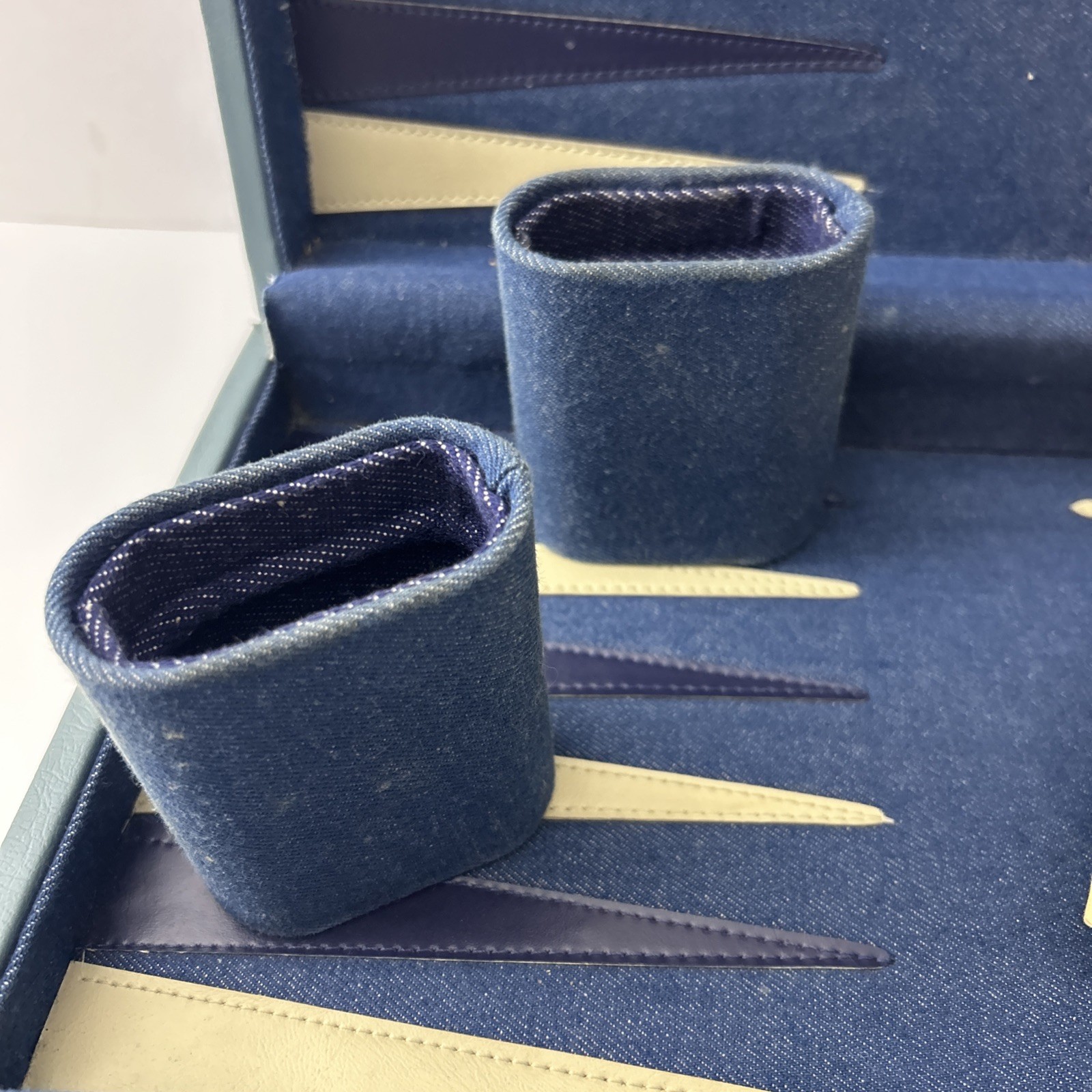 Vintage Backgammon Set Blue Corduroy Case Blue White Bakelite Chips 15” X 20”
