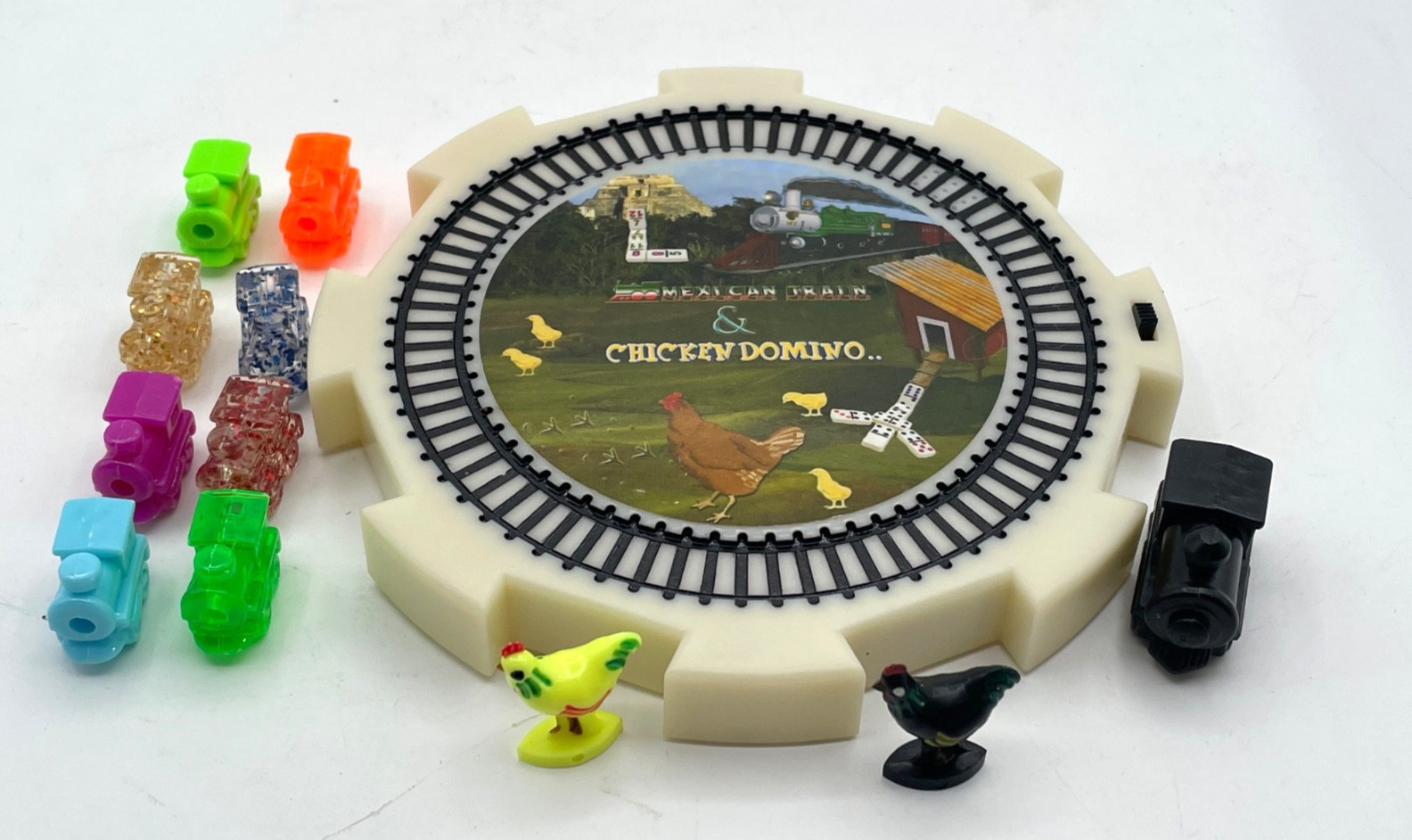 2 in 1 Dominoes Center Hub Starter Piece Chicken Domino & Mexican Train w/ Sound