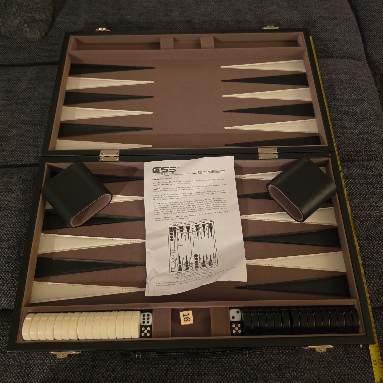 Vintage Backgammon Complete Set Gray Felt W/ Black & White Points And Stones